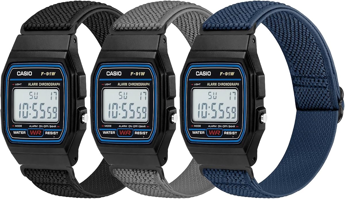3 Pack Elastic Band Compatible with Casio F-91W/F-84/F-94/F-105/F-108/AE-1200/W-217H/W-218H/A-158W/A-168W/SGW-300H/W-800H, Adjustable Stretchy Sport Strap Comfortable Nylon Replacement Wristband