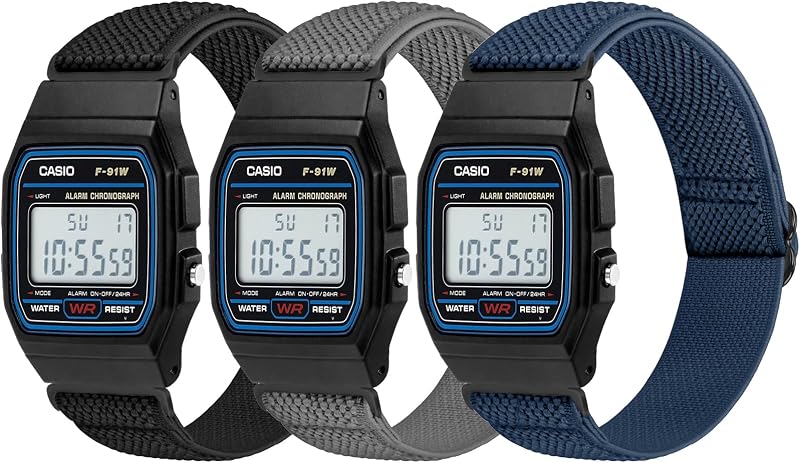 3 Pack Elastic Band Compatible with Casio F-91W/F-84/F-94/F-105/F-108/AE-1200/W-217H/W-218H/A-158W/A-168W/SGW-300H/W-800H, Adjustable Stretchy Sport Strap Comfortable Nylon Replacement Wristband