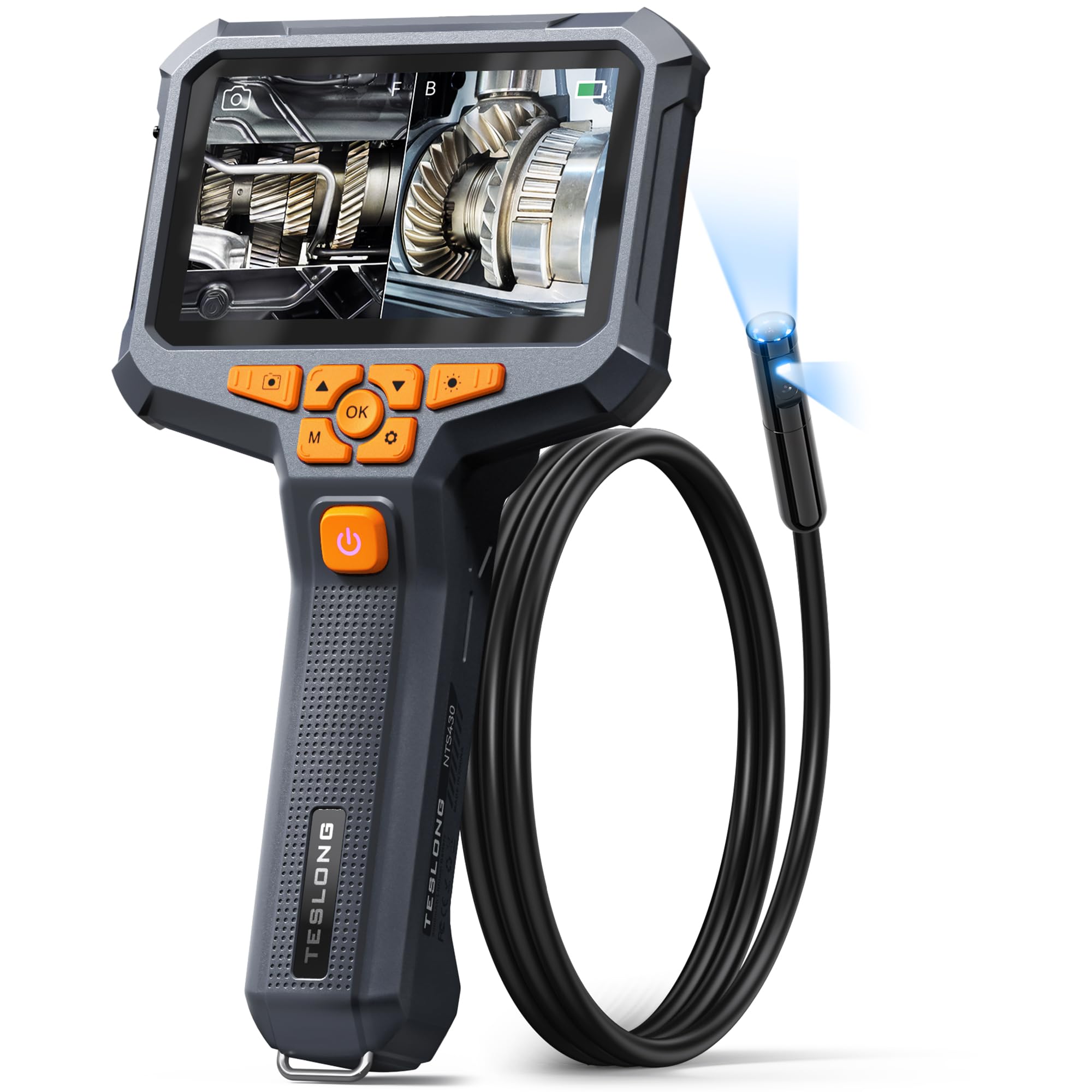 Dual Lens Endoscope Camera with Light, Teslong 4.3" HD Snake Borescope Inspection Camera, Automotive Scope Cam with Flexible Cable, Home Waterproof