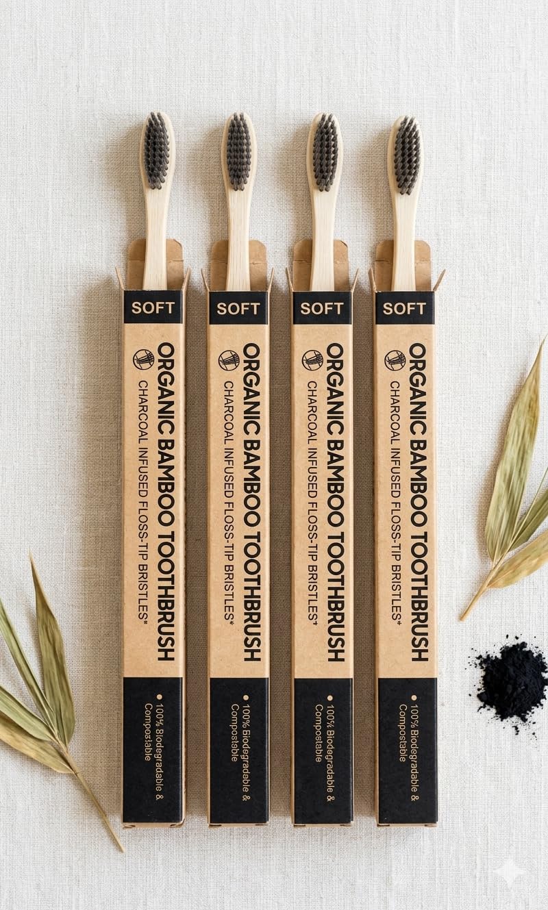 FRUZZONA Eco Friendly Bamboo Toothbrush for Adults Pack of 4 Soft Bristle Charcoal Plastic Free Sustainable Organic brush for Natural Oral Care-picture-29