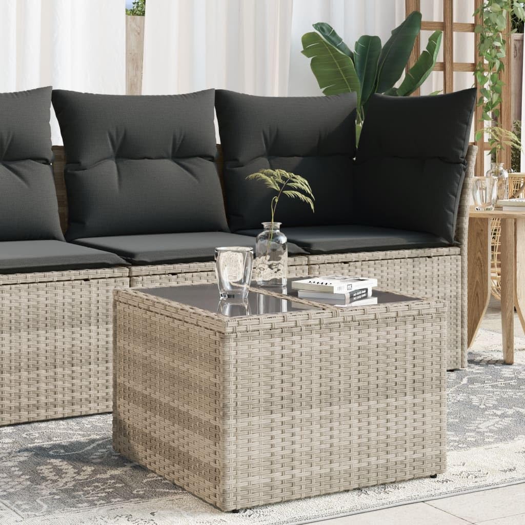 SXZenSpace Garden Coffee Table Light Grey 55x55x37 cm PE Rattan Outdoor Patio with Tempered Glass Top Small Bistro Furniture for Balcony and Terrace Use