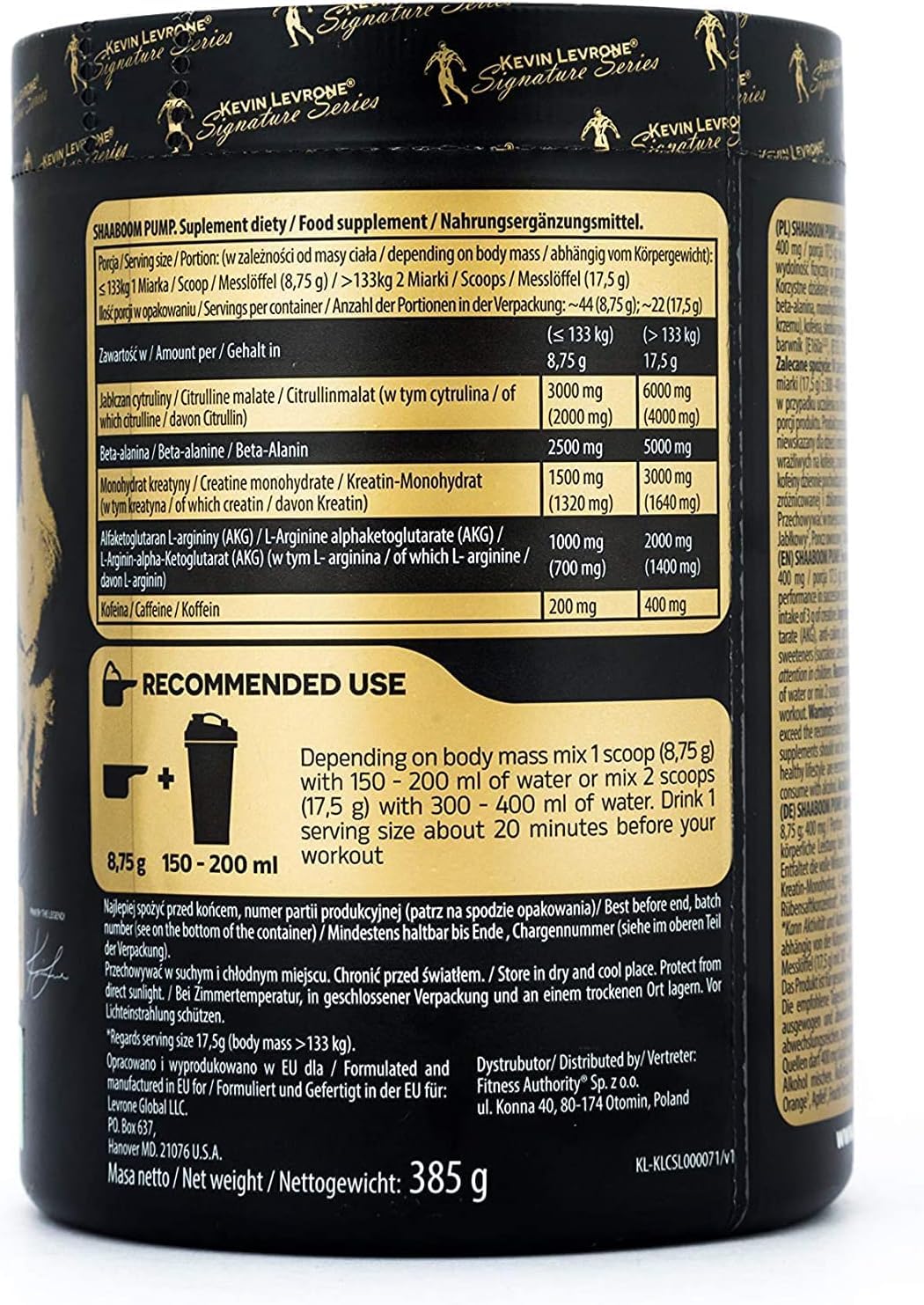 Fitness Authority Kevin Levron SHAABOOM PUMP Black Line Pre-Workout Booster 385g Flavour: Red Fruit Punch Hardcore Pump Training Powder Citruline Beta Alanine Kreatin Arginine Caffeine