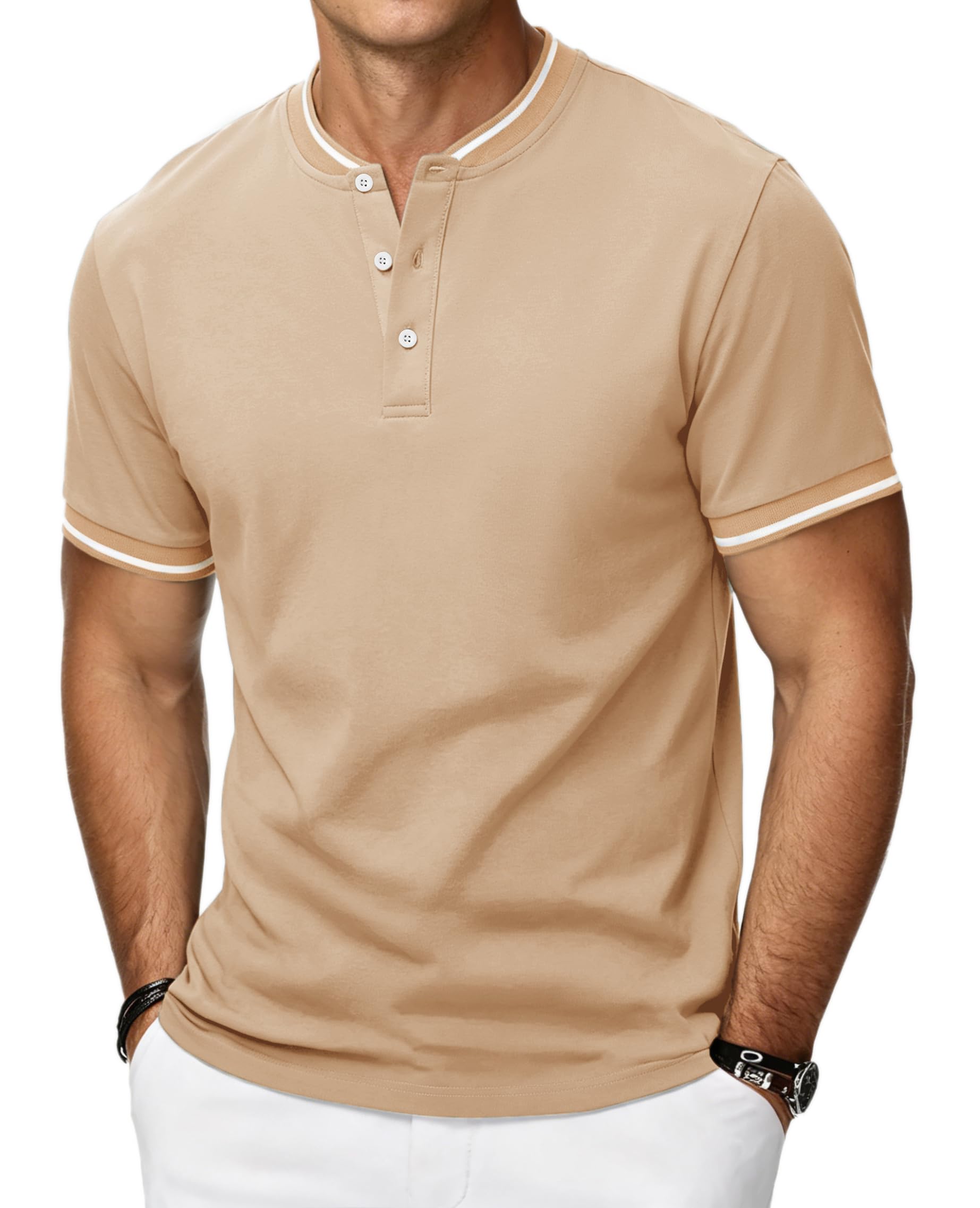 HMIYA Poloshirt Herren Kurzarm Atmungsaktiv Baumwolle Sommer Henley Knopfleiste Kontrastierender Einfassung Basic Golf T-Shirts