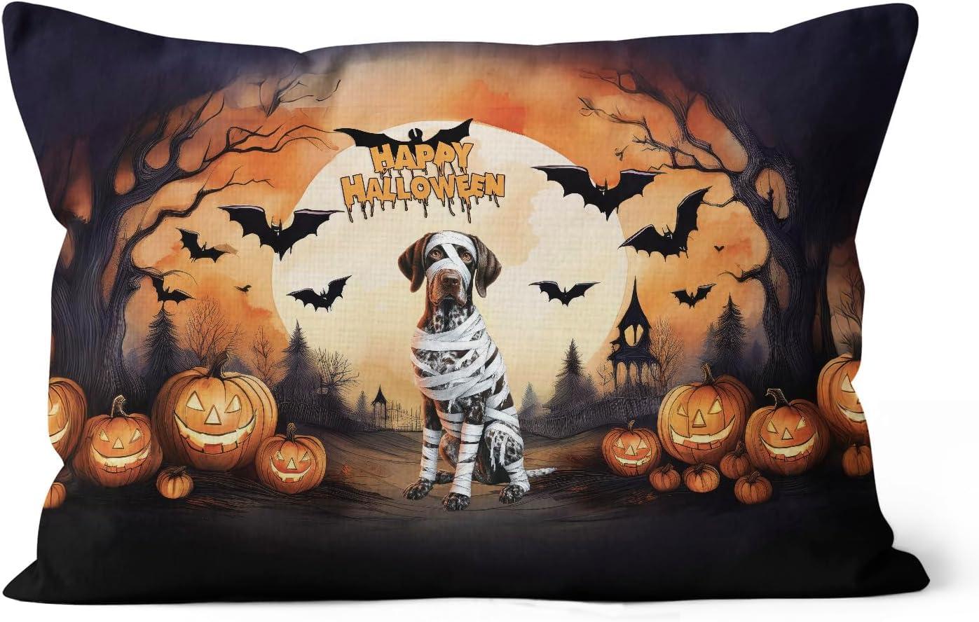Mummy German Shorthaired Pointer Happy Halloween with Pumpkins Bats Spooky Fun 19x13in Pillow Cushion Double Sided GSP Lover Dog Gift Throw Pillow - 019