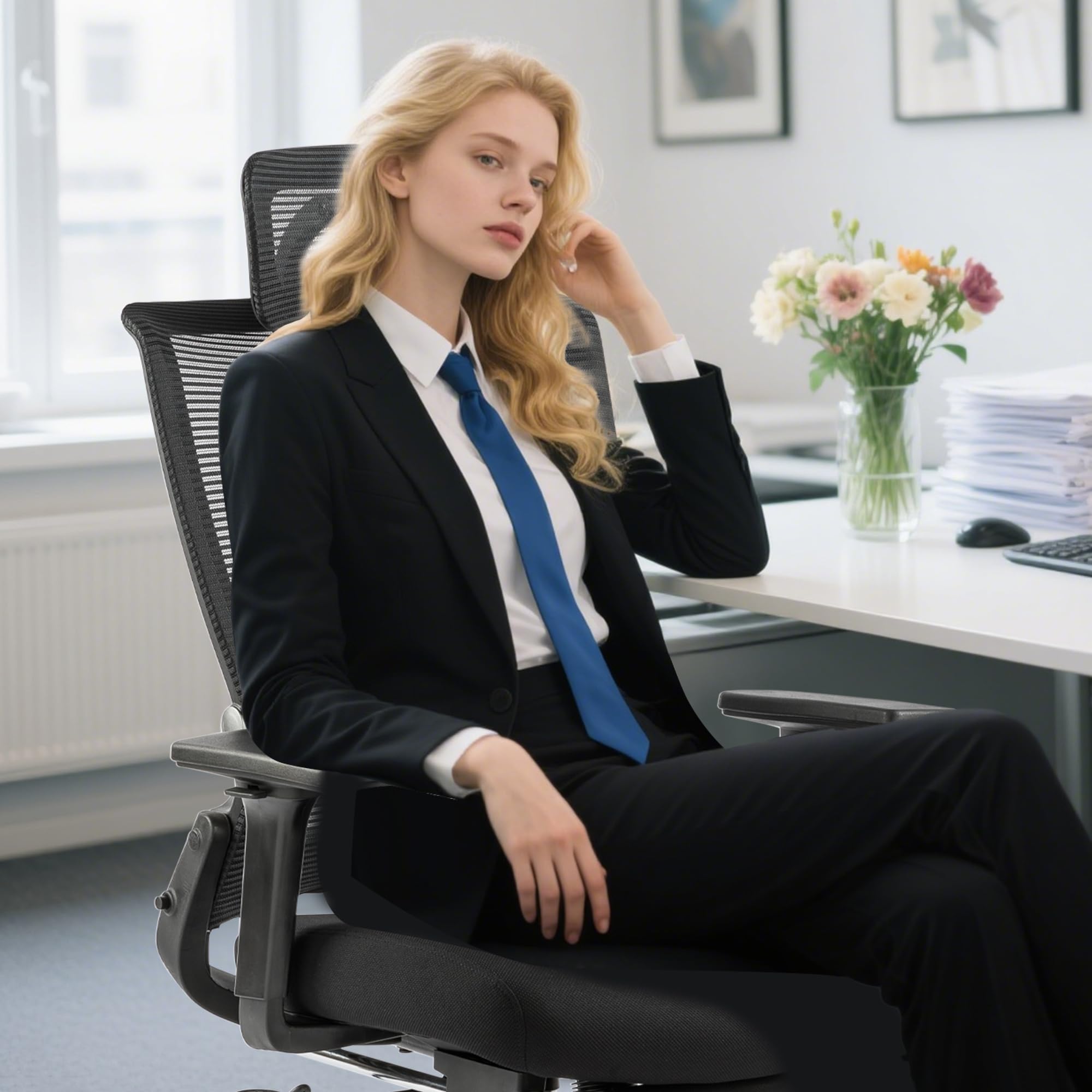 Klappbar Bürostuhl mit Fußstütze, Ergonomisch Schreibtischstuhl mit Lendenwirbelstütze, Kopfstütze, Chefsessel Mesh Stuhl 150 kg für platzsparendes Arbeiten von zu Hause aus, Schwarz