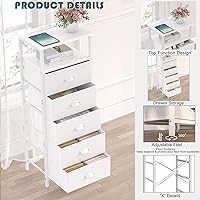 Vista 5 de Nightstand with Charging Station,LED White Nightstands with 5 Fabric Drawers PU Finish, Bedside End Tables, 2-Tier Open Storage Shelf Side Table