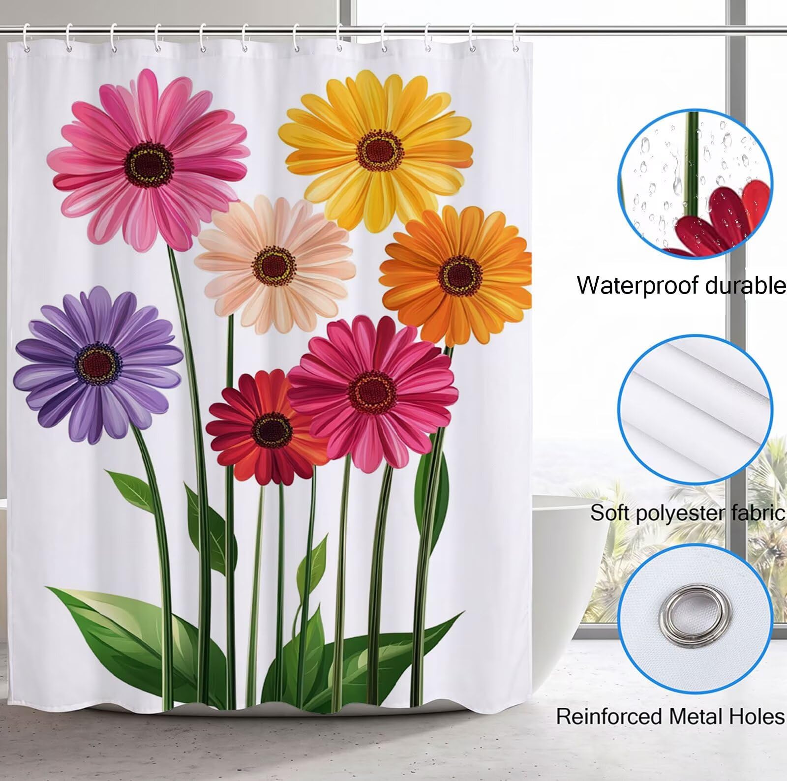 Cortina de Ducha Blanco Cortina Ducha, Antimoho, Tela Impermeable Poliéster, Shower Curtain 200x220 cm con 12 Ganchos y Dobladillo Ponderado, Shower Curtain Lavable para Baño o Bañera, Flor 3Y#167