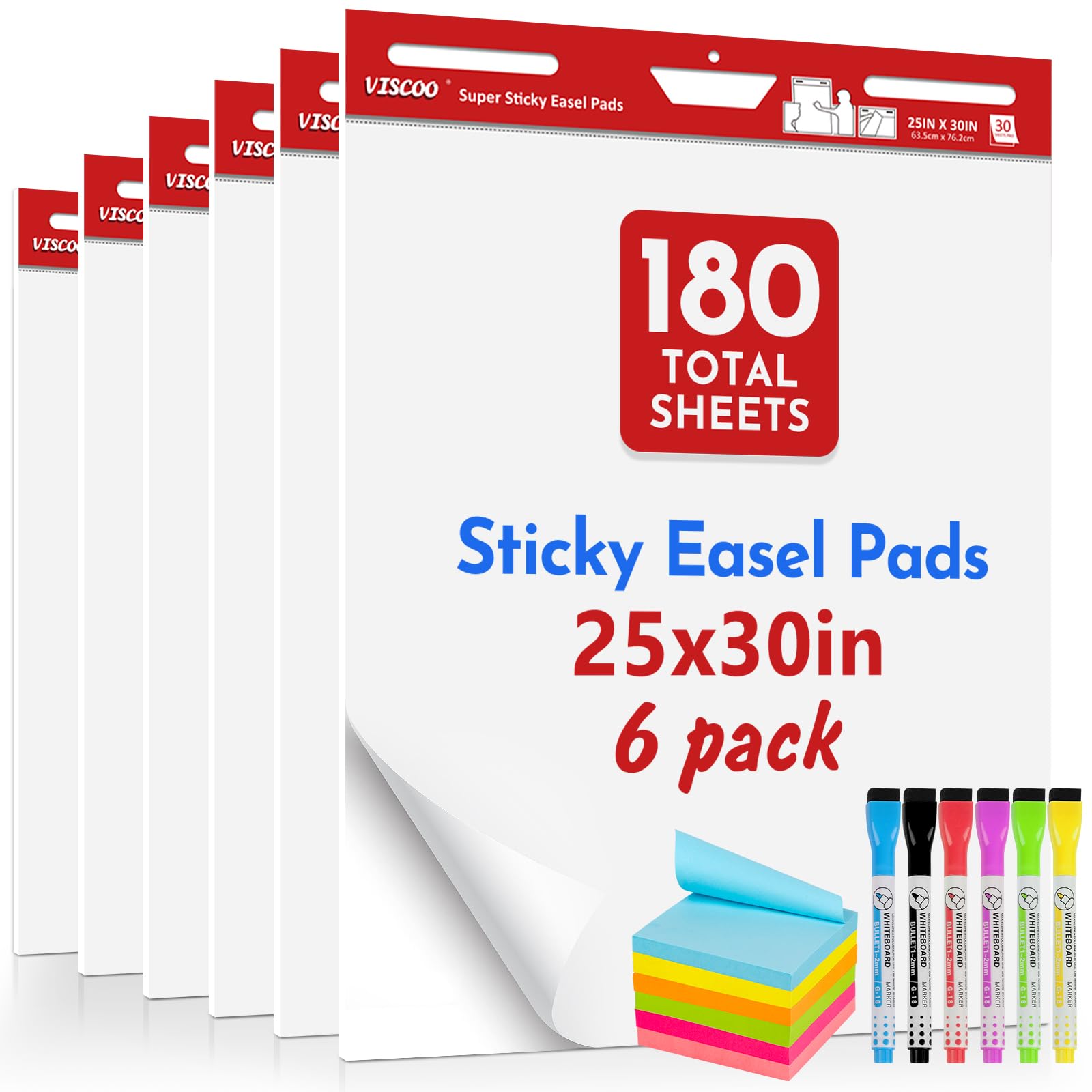 VISCOO Thickened Easel Pad 6Pads/180 Sheets, 25 x 30 Inches Flip Chart Paper for Teachers, Large Self Stick Chart Paper for Wall, Office School Classroom with Sticky Note