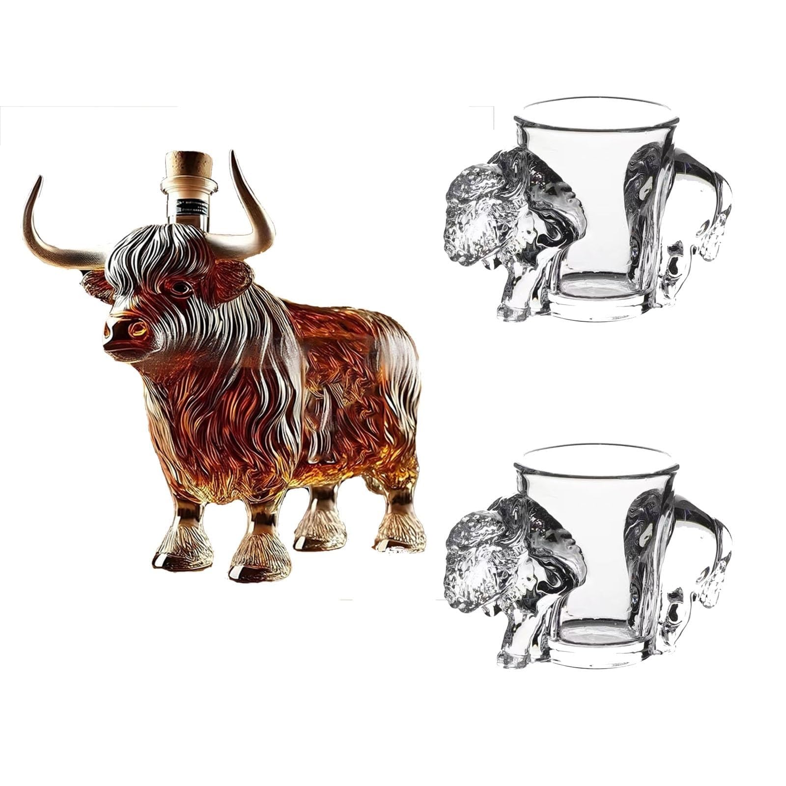Karafka do whisky ozdoby na butelki whisky 3D rzeźbiony wzór byka, 2/4 kieliszek do wina Yak, ręcznie dmuchane rzeźby karafki do whisky z dowodem