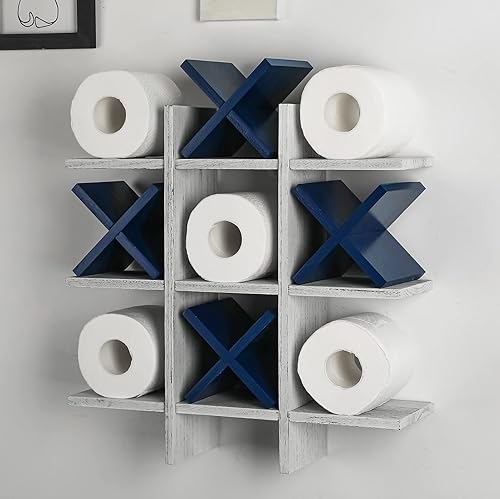 Weysat Soporte de papel higiénico de Tic Tac Toe para decoración de pared de baño, almacenamiento colgante de madera rústica, estantes