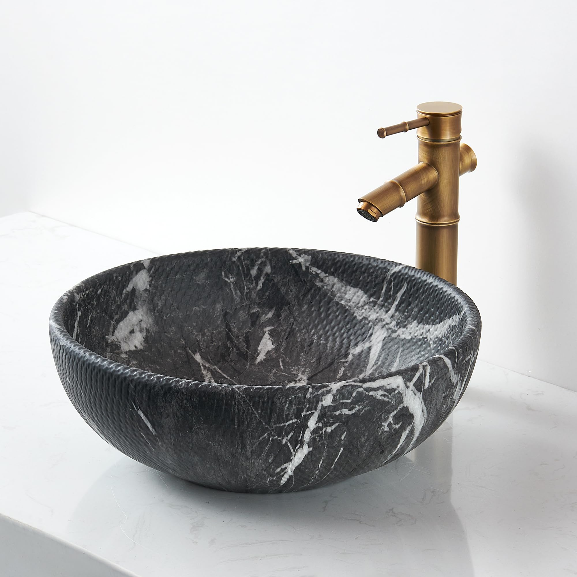 NATURFLAIR FCH7037 Bathroom Ceramic Wash Basin, Countertop Washbasin, Round 410 x 150 mm, Handmade Wash Basin, Black and White Root Marble Pattern