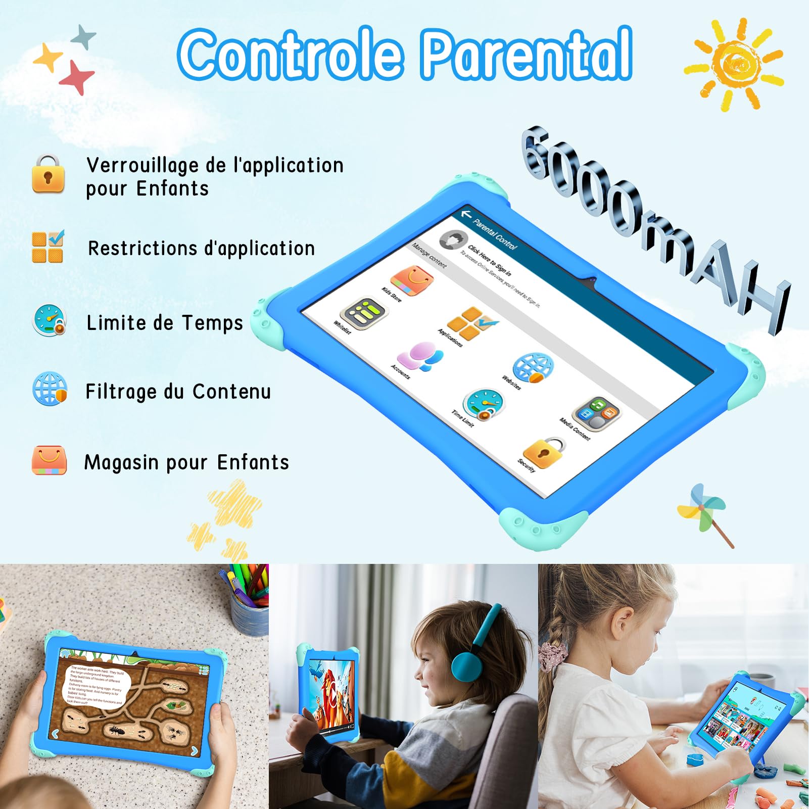 EagleSoar Tablette pour Enfants 10 pouces, Tablette Android 14 Processeur Octa-Core, Kids Tablette 3 à 12 ans, 10Go RAM + 64Go ROM, avce Logiciel Apprentissage pour Eenfants et Contrôle Parental(Bleu)
