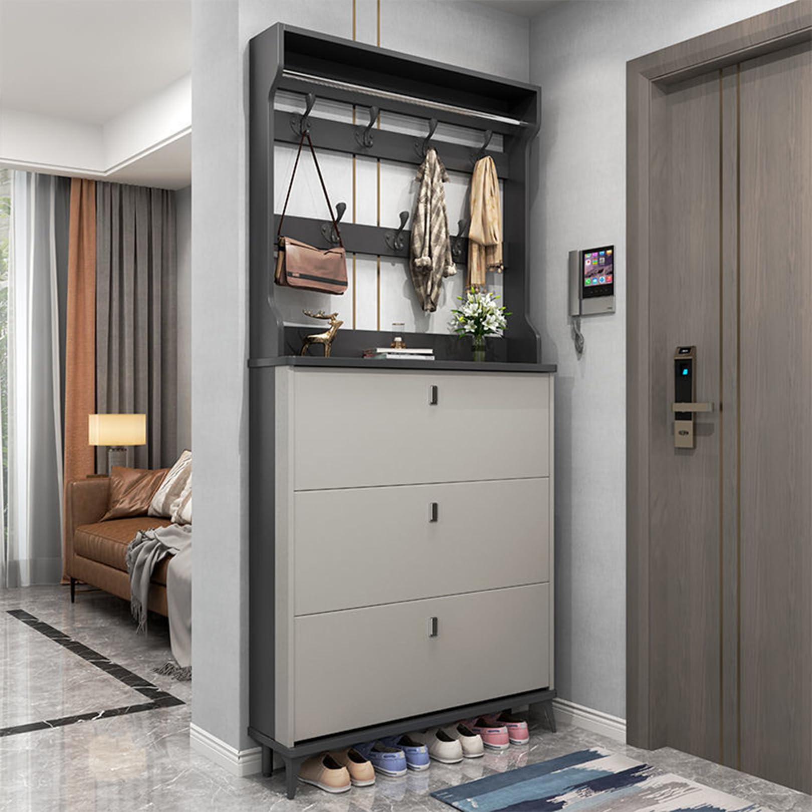 XCHSXYL Farmhouse Hall Tree Entryway Shoe Cabinet with Coat Rack and Shoe Storage Ben for Entryway Hallway Organization