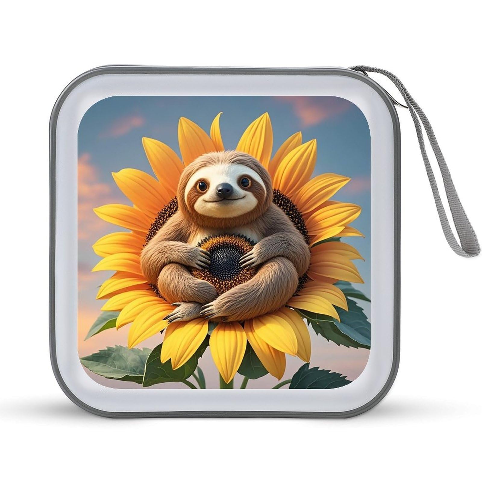 VstaDank Sloth Sitting on Sunflower CD Case with Hand Strap Lightweight DVD Wallet Holder 40 Capacity CD/DVD Case Wallet Protective CD Wallet CD/DVD Portable Storage Binder for Car Home Office