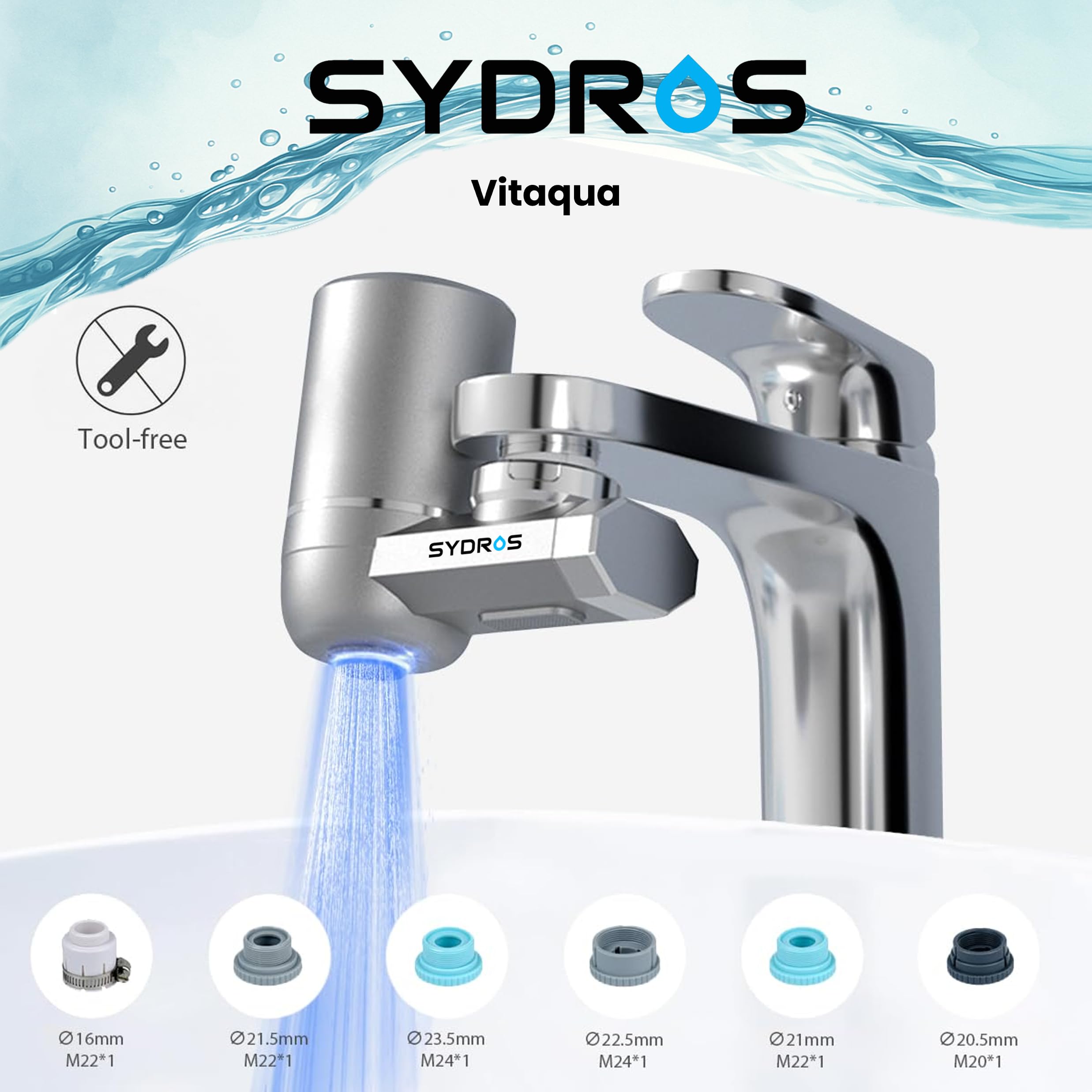 SYDROS VITAQUA - Filtro per rubinetto, a 5 livelli, con modulo di luce UV, riduce il cloro, i sedimenti e gli odori, universale, facile montaggio, ideale per cucina, bagno, viaggi