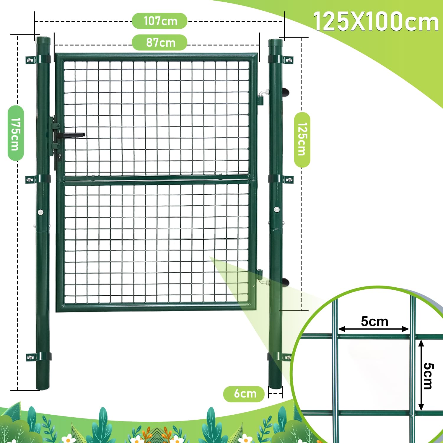 Fiqops Portail de jardin, 125 x 100 cm, vert, en acier galvanisé, avec serrure, poignée de porte et 3 clés, résistant aux intempéries, robuste et durable
