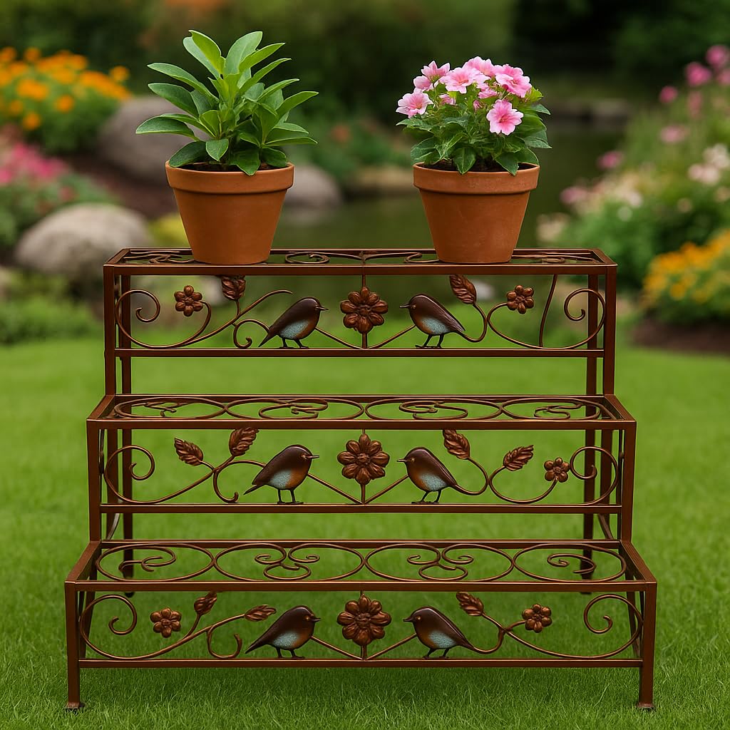 Handmade Bronze 3 Tier Plant Stand with Hand Painted Robins, Powder Coated Metal Garden Display