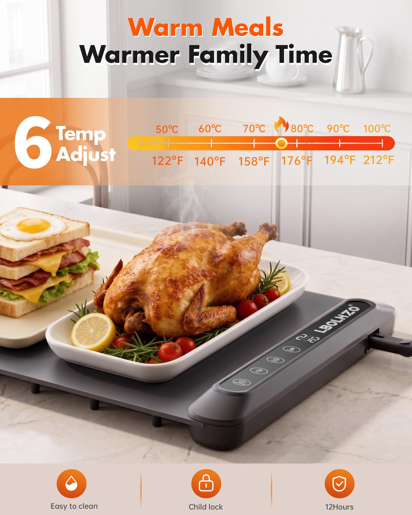 Warmhaltematte für Lebensmittel, extra lang, 109,2 x 30,5 cm, 600 W, hitzebeständige Unterlage, Chafing Dishes für Buffet, 6 Temperaturen, 12 Stunden, Kindersicherung, Speisenwärmer für Partys