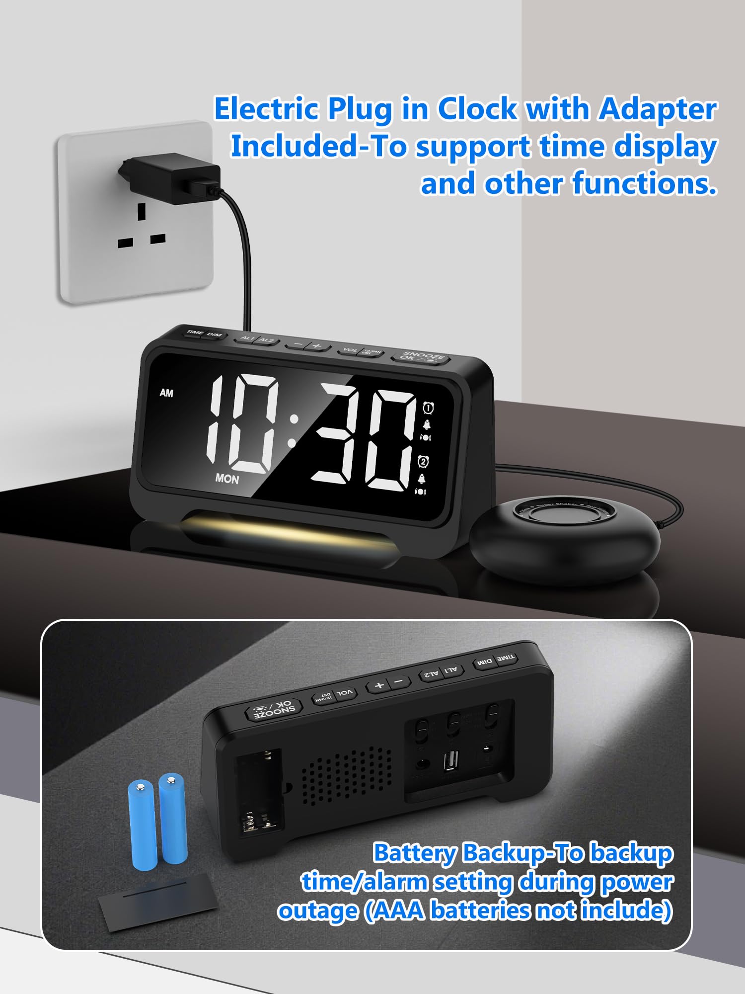 Sveglia con Vibrazione, Sveglia Potente Forte per Sordi, Orologio da Tavolo con Luce Notturna, Porta USB, Ampio Display, Luminosità Regolabile, 2 Allarmi, Plug-in Orologio Digitale da Camera, 12/24h