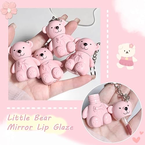 Miniatura 4 de 2 en 1 llavero de oso pintalabios, 6 colores, lindo oso lápiz labial hidratante para labios voluminoso, brillo de labios, brillo de labios, brillo
