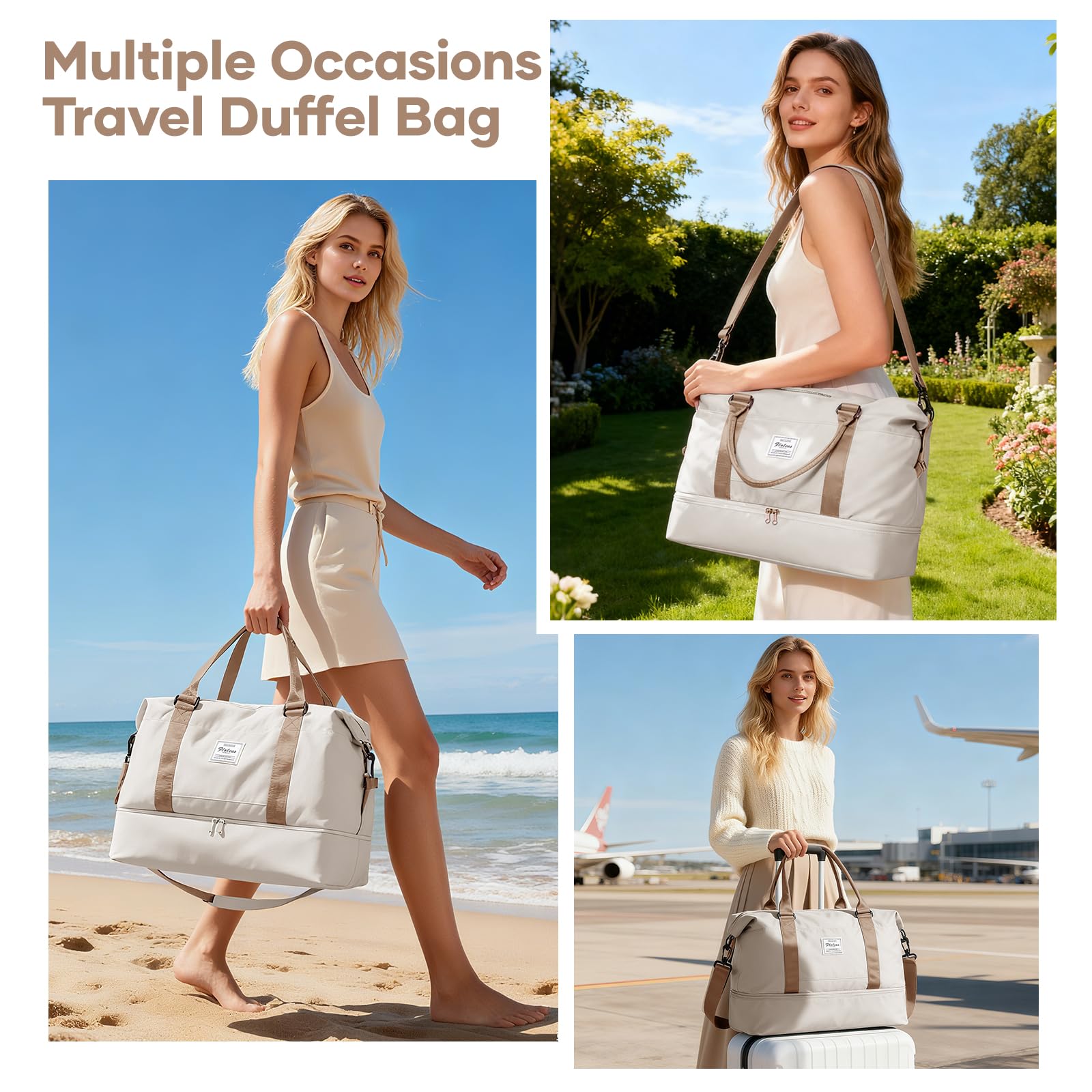 HPLQQ Sac de Voyage Femme, Bagage Cabine 45x36x20 Easyjet, Imperméable Sac fourre-Tout de Sport pour Week-End pour Travel Gym Danse avec Compartiment Chaussures,A01-Marron Beige