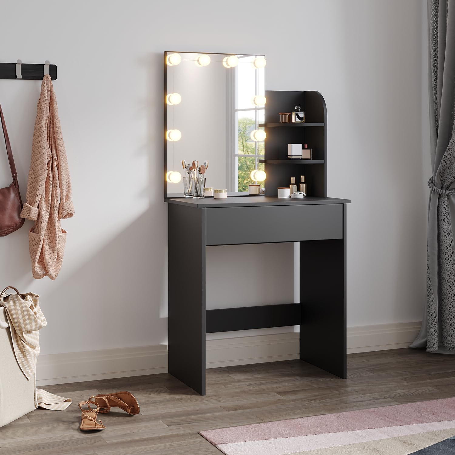 ZANOFIRA Dressing Table with LED Lights Mirror, Vanity Table with Dimming & 3 Color Modes, Wooden Modern Makeup Desk with 1 Drawer 3 Shelves for Bedroom, 70x40x140cm, Black