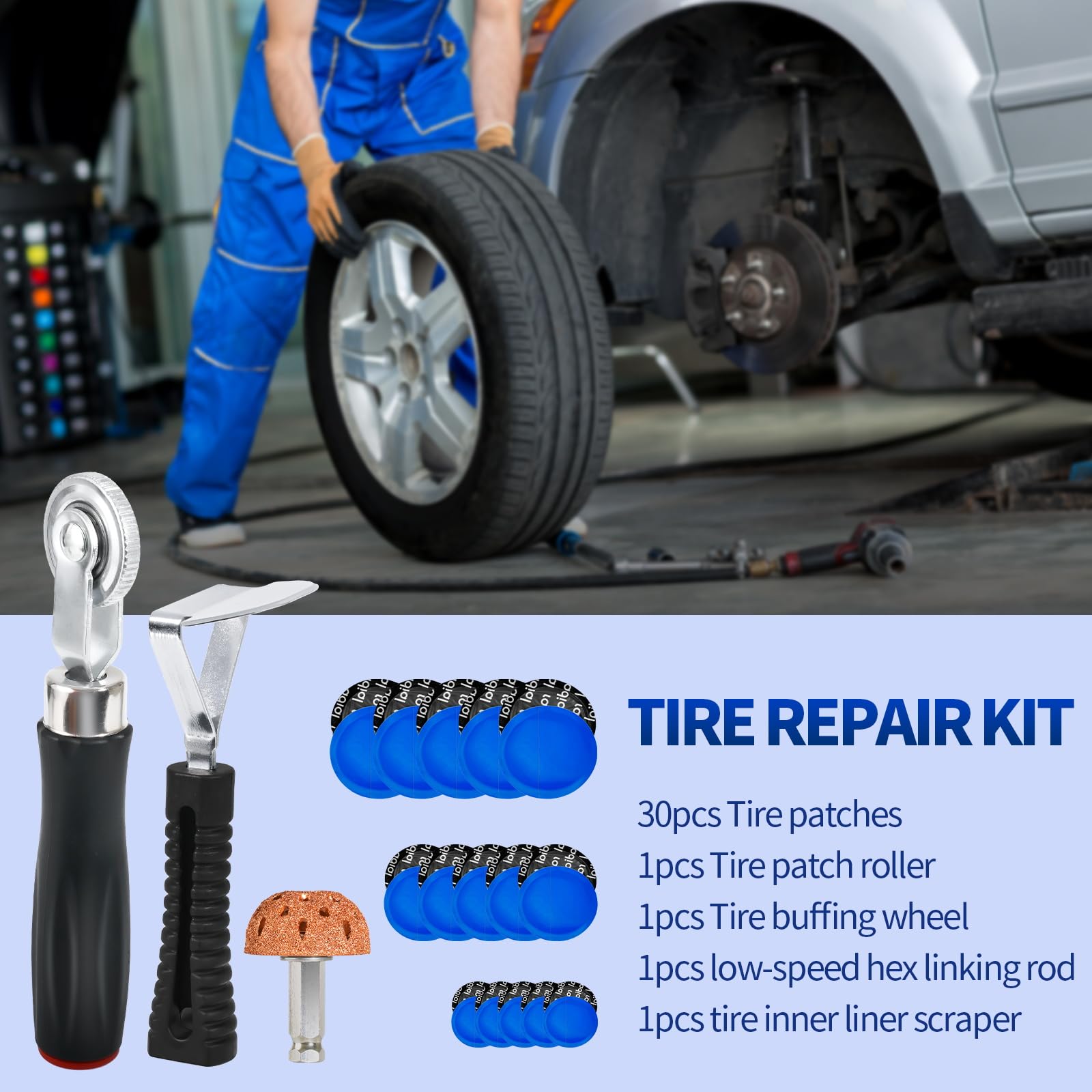 Kit di 33 toppe per riparazione pneumatici, 30 toppe per pneumatici (32 mm/42 mm/58 mm, con rullo per la riparazione dei pneumatici, ruota di lucidatura per pneumatici, raschietto interno per
