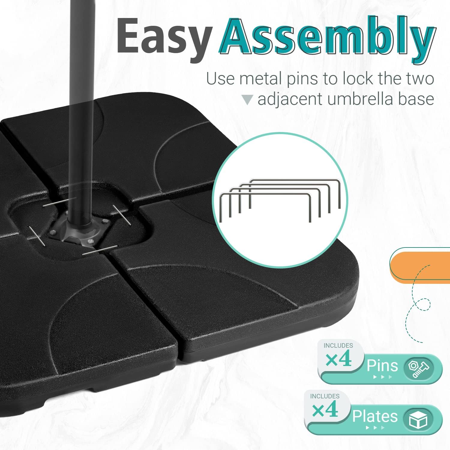 Greesum 4 Piece Square Base Plate Set for High Capacity Heavy Duty Cantilever Offset Patio Umbrella Stands with Easy Fill Water or Sand Spout, Black