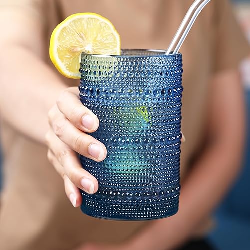 Miniatura 3 de Juego de 6 vasos grandes de hobnail para beber, cristalería vintage azul de 15 onzas, vasos de vidrio en relieve, vaso de agua, vasos altos para