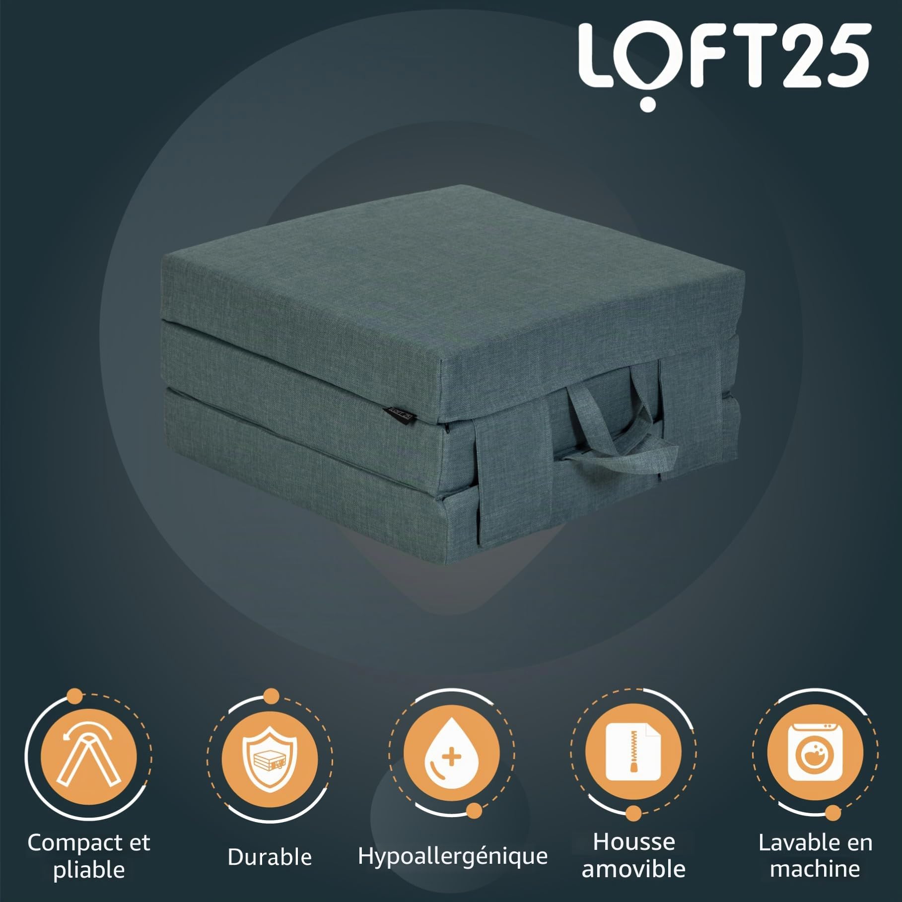 Matelas pliant portable en mousse avec poignées de transport en tissu effet lin Bleu pâleMatelas d'appoint pliable pour le rangement.