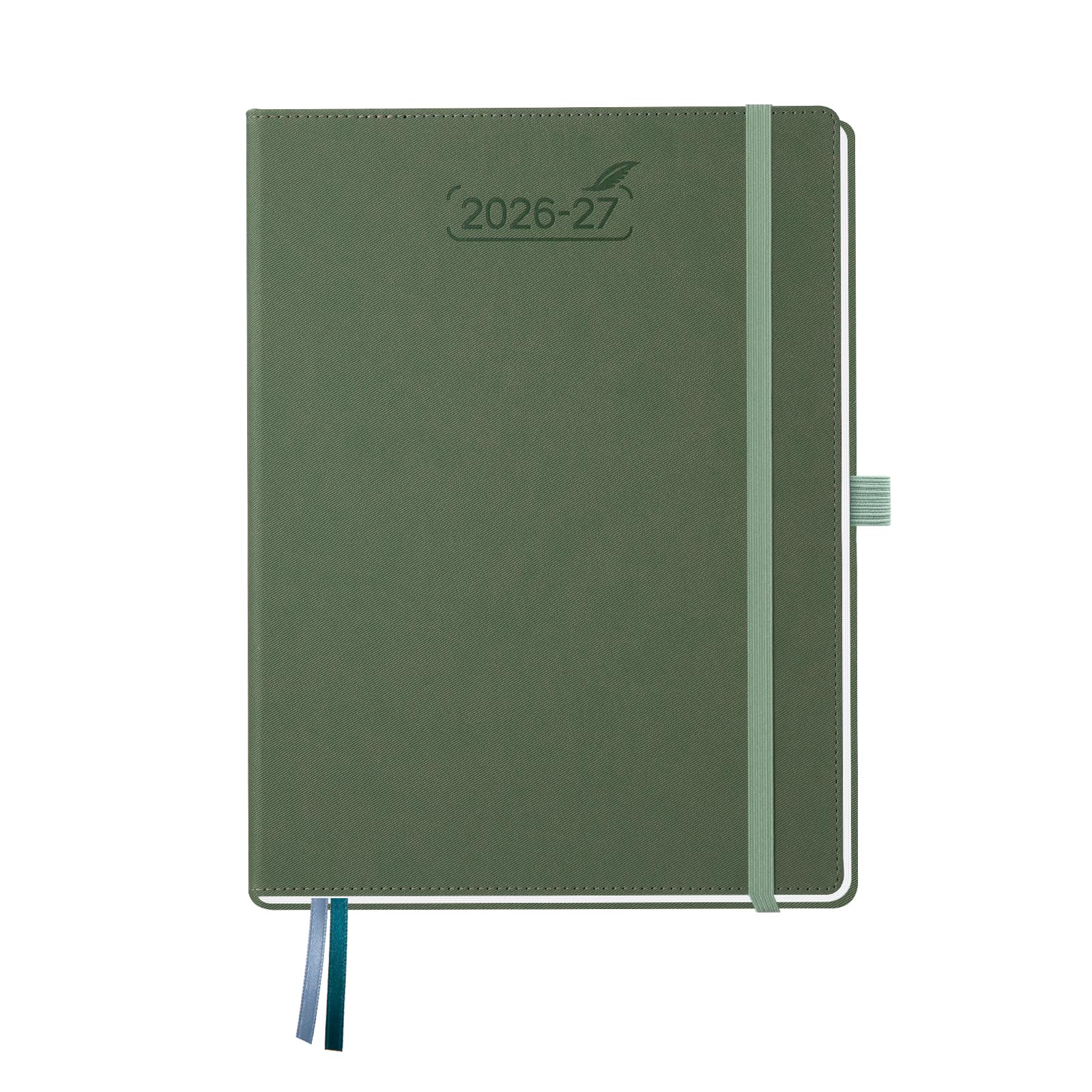 BEZEND A4 Academic Diary 2026-2027 Week to View Hardcover runs Jul'26 - Dec'27. Horizontal Weekly Planner with Notes, Monthly Tabs & Inner Pocket. for Work and Home. Vegan Leather Cover - Olive