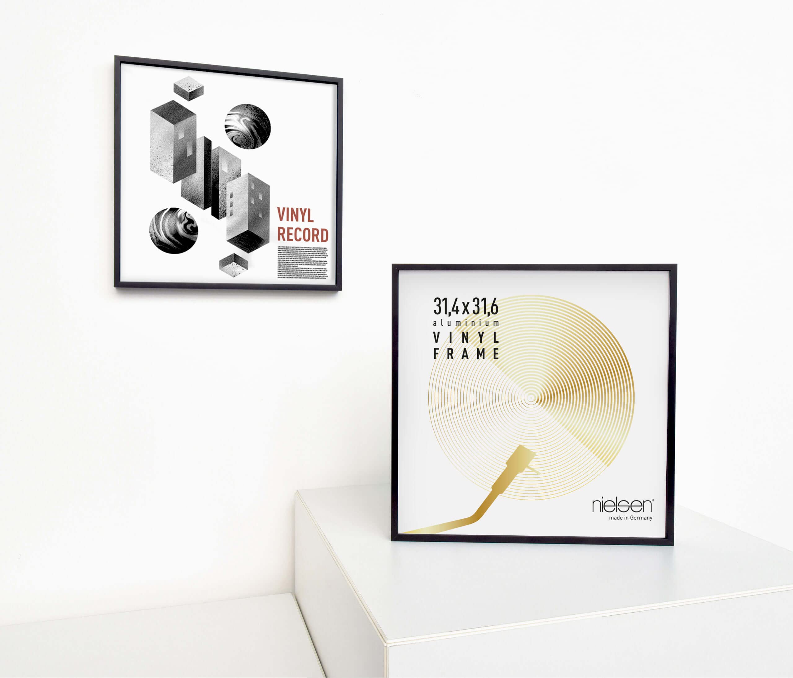 nielsen marco para discos de vinilo, 31,4 x 31,6 cm (juego de 3), Aluminio, Negro mate, Marco para vinilopara colgaren formato vertical y apaisado, vidrio sintético irrompible, Vinyl Alu