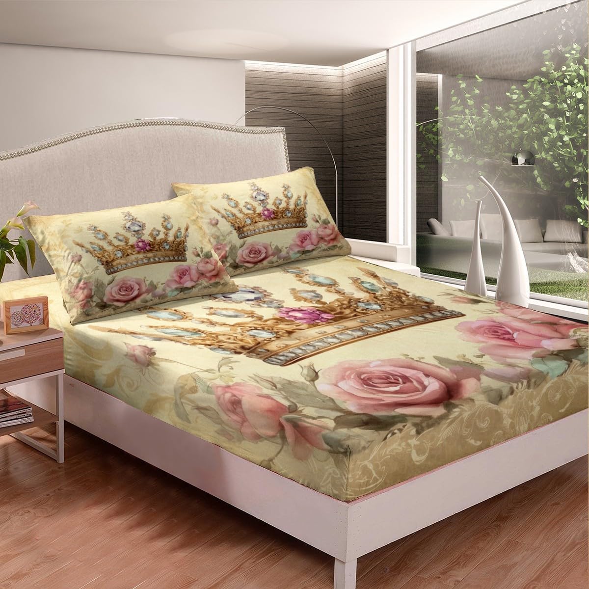 Diamond Crown Fitted Sheet Queen Size,Gold Princess Crown Bedding Set 3Pcs for Kids Girls Boys Teens Room Decor,Pink Rose Flower Bed Sheets Vintage Romantic Deep Pocket Sheet,2 Pillowcases
