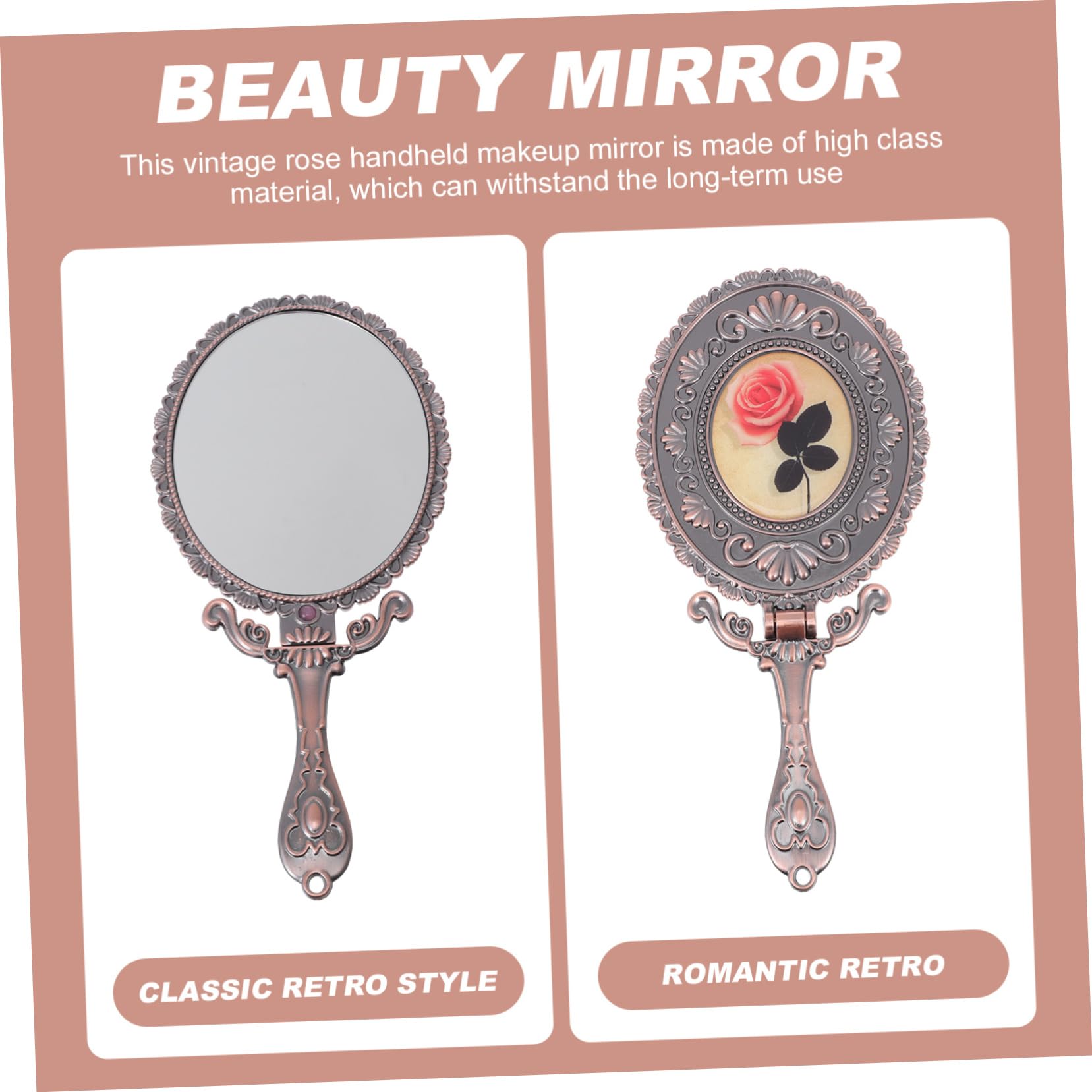 POPETPOP Specchio da Trucco Retrò Manico, Pieghevole e Portatile, in Lega di Zinco, per Ritocchi Make-up, Design Elegante e Pratico