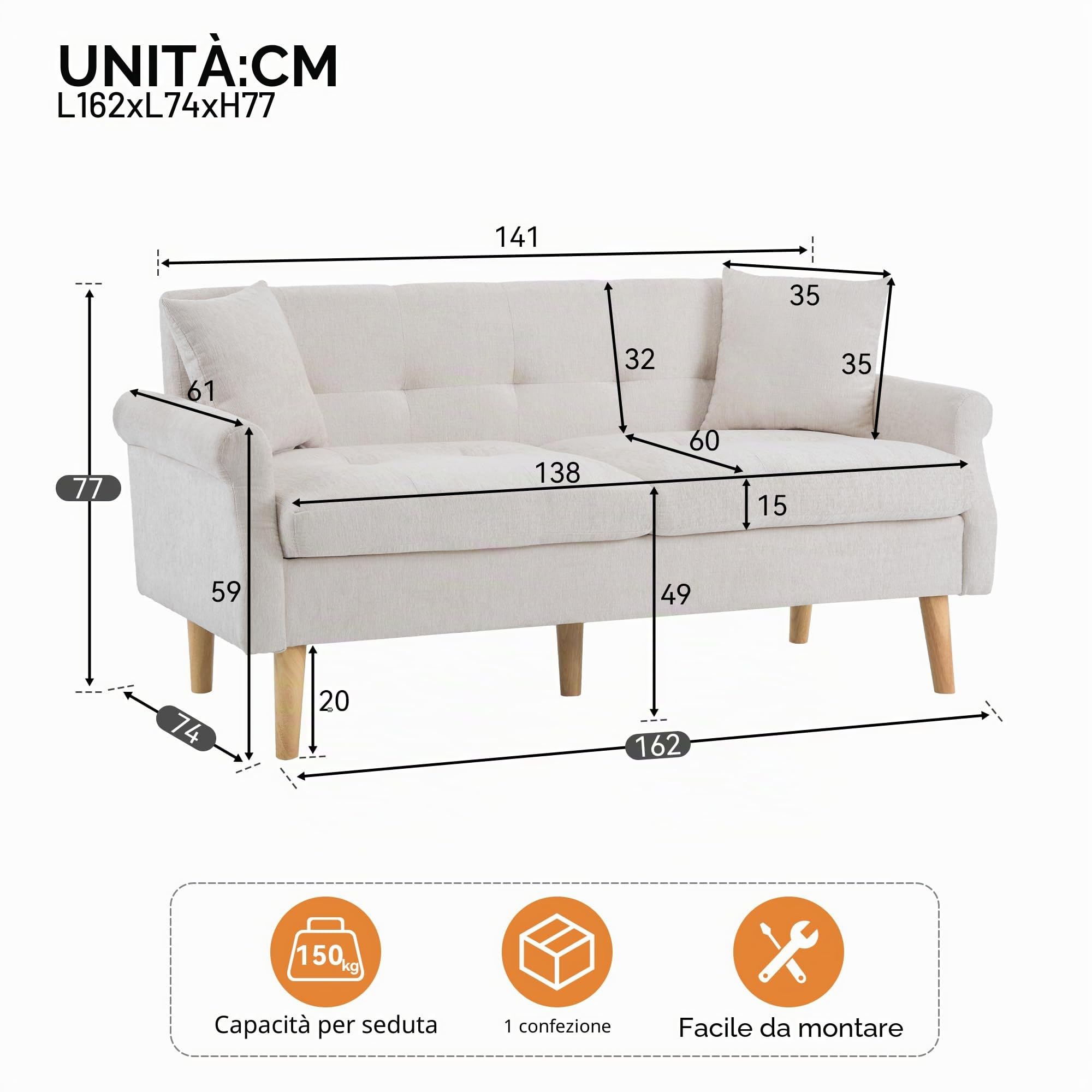 Divano Design Moderno a 2 Posti, Divano Imbottito in Stoffa di Chenille, Divano con Cuscini Spessi, Adatto per Soggiorno, Camera da Letto, Appartamento, ecc (Beige)