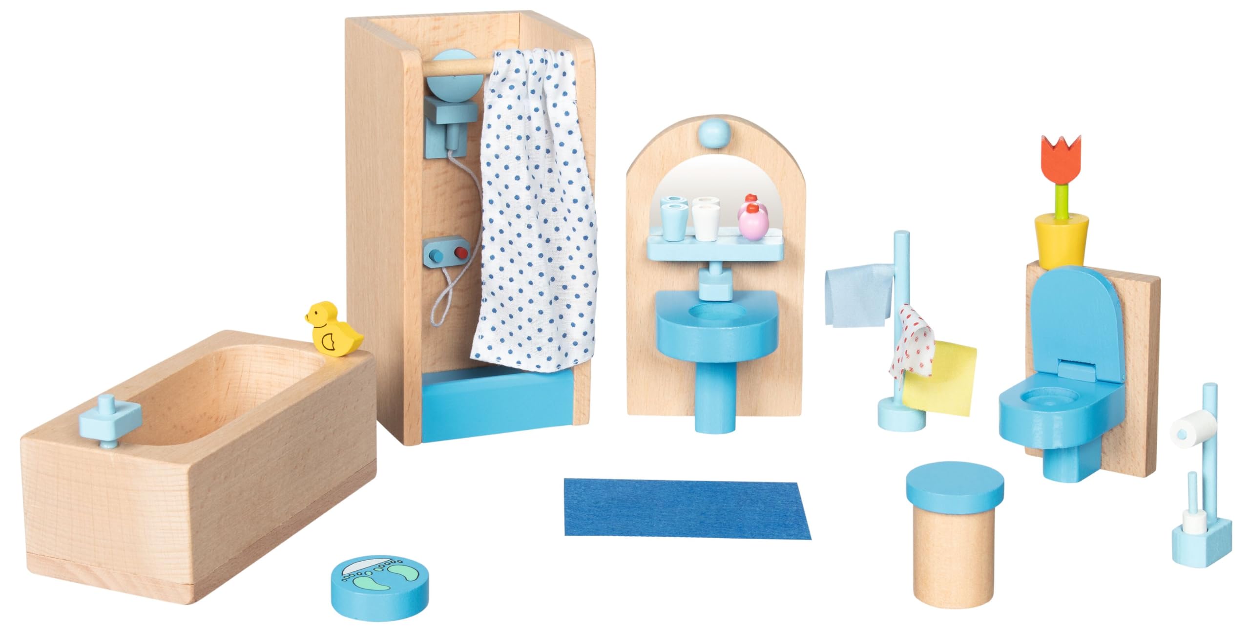 goki 6633 - Puppenhaus Set XXL, 115 Teile aus Holz & Textil, Komplettes Möbelset & Zubehör, Biegepuppenfamilie, Küche, Badezimmer, Schlafzimmer, Wohnzimmer, Haus mit Etagen 65 x 35 x 88cm, ab 3 Jahre