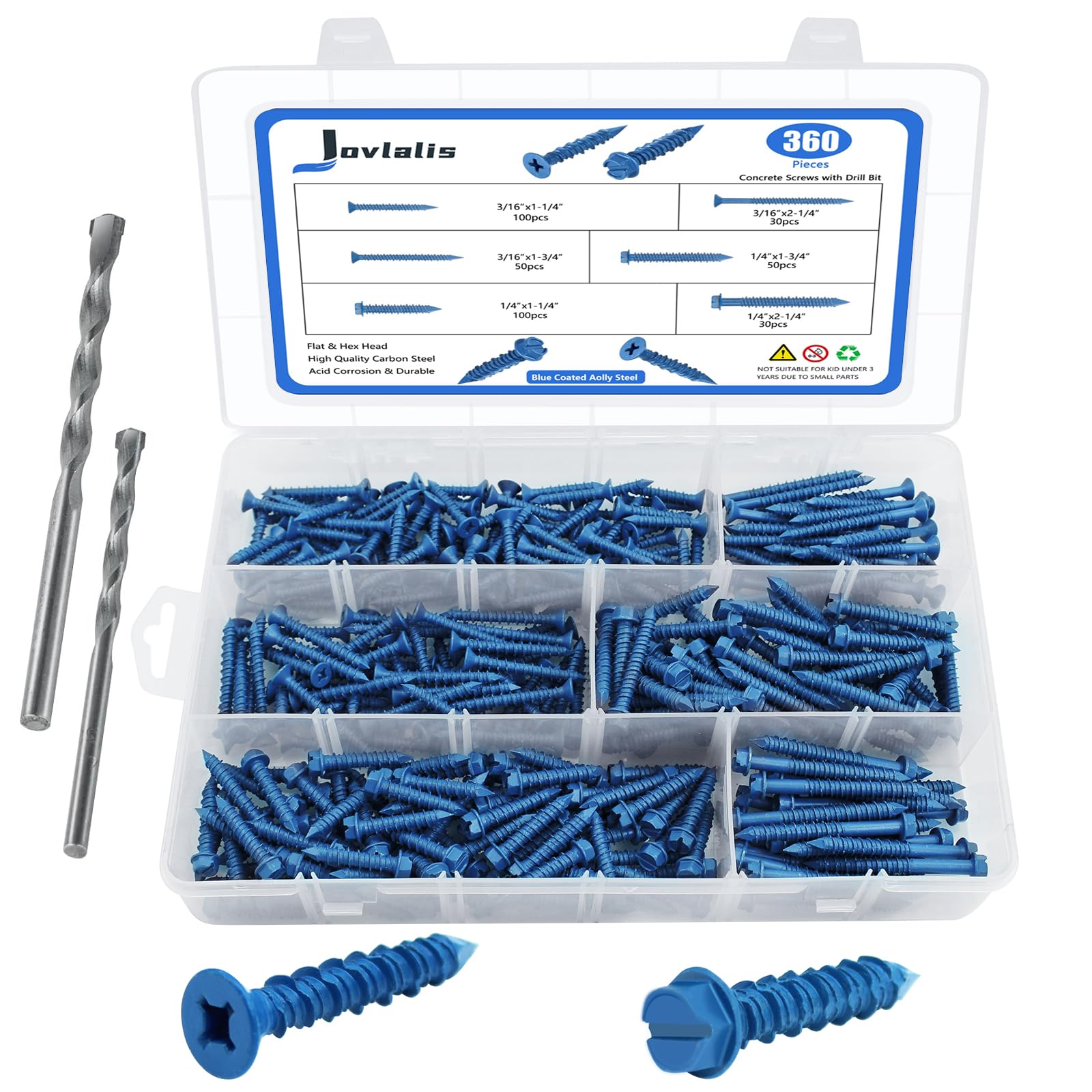 360 PCS Concrete Screws Drill Bit,1/4 3/16 Concrete Screws Flat & Hex Head Masonry Block or Brick Cement Screws and Anchors, Diamond Point, Length 1-1