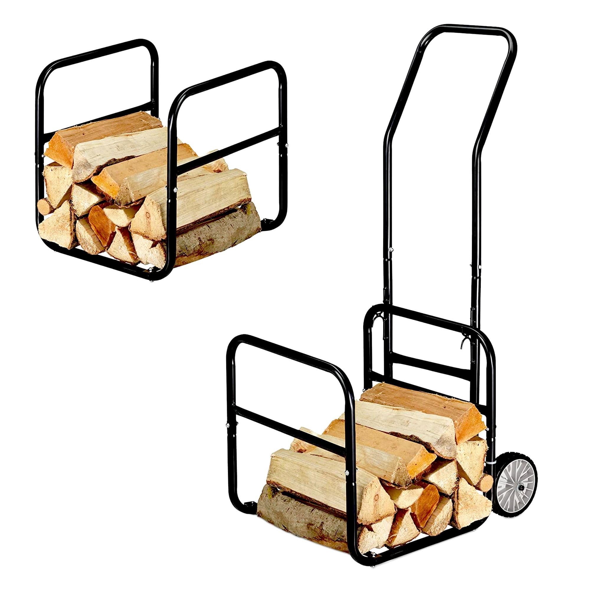 FISHTEC Chariot à Bûches en Métal - Porte bûches Amovible - Chariot à Bois - Diable Transport Bois Chauffage - Pneus en Caoutchouc - Charge Maximale 50 kg