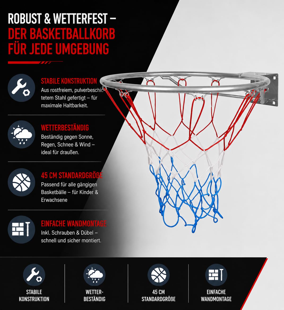 molti Canasta de baloncesto para montaje en pared – Aros de baloncesto con red y tornillos, Ø 45 cm para interior y exterior Canasta robusta para jardín, garaje, escuela y campo deportivo (plata, 45