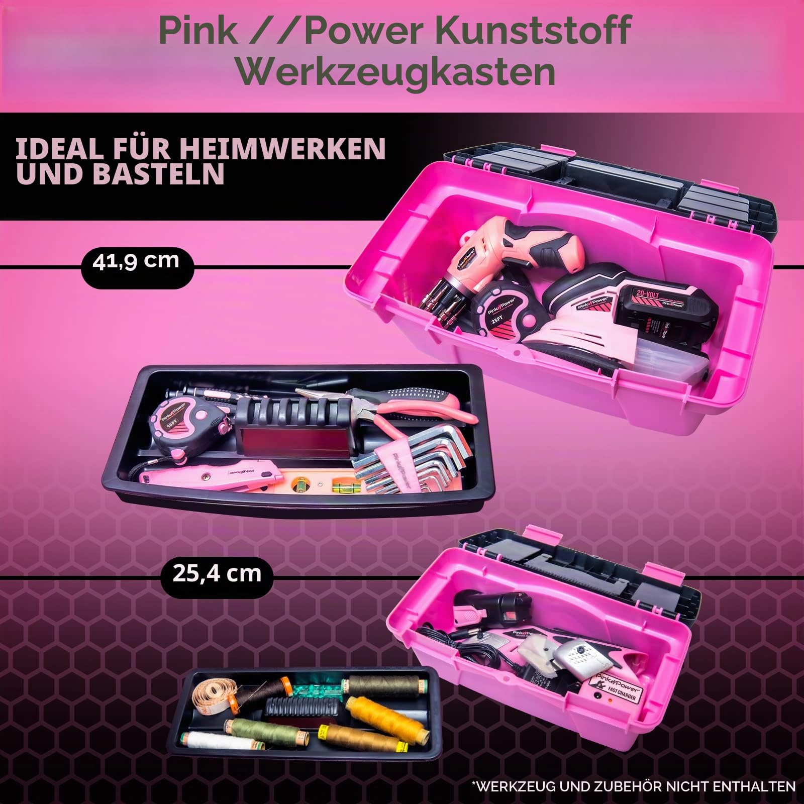 Pink Power Pinker Werkzeugkasten für Damen, Näh-, Kunst- und Handwerks-Organizer-Box, klein und groß, Kunststoff, mit Griff, Werkzeugaufbewahrung, tragbare Mini-Werkzeugkästen (2er-Pack)