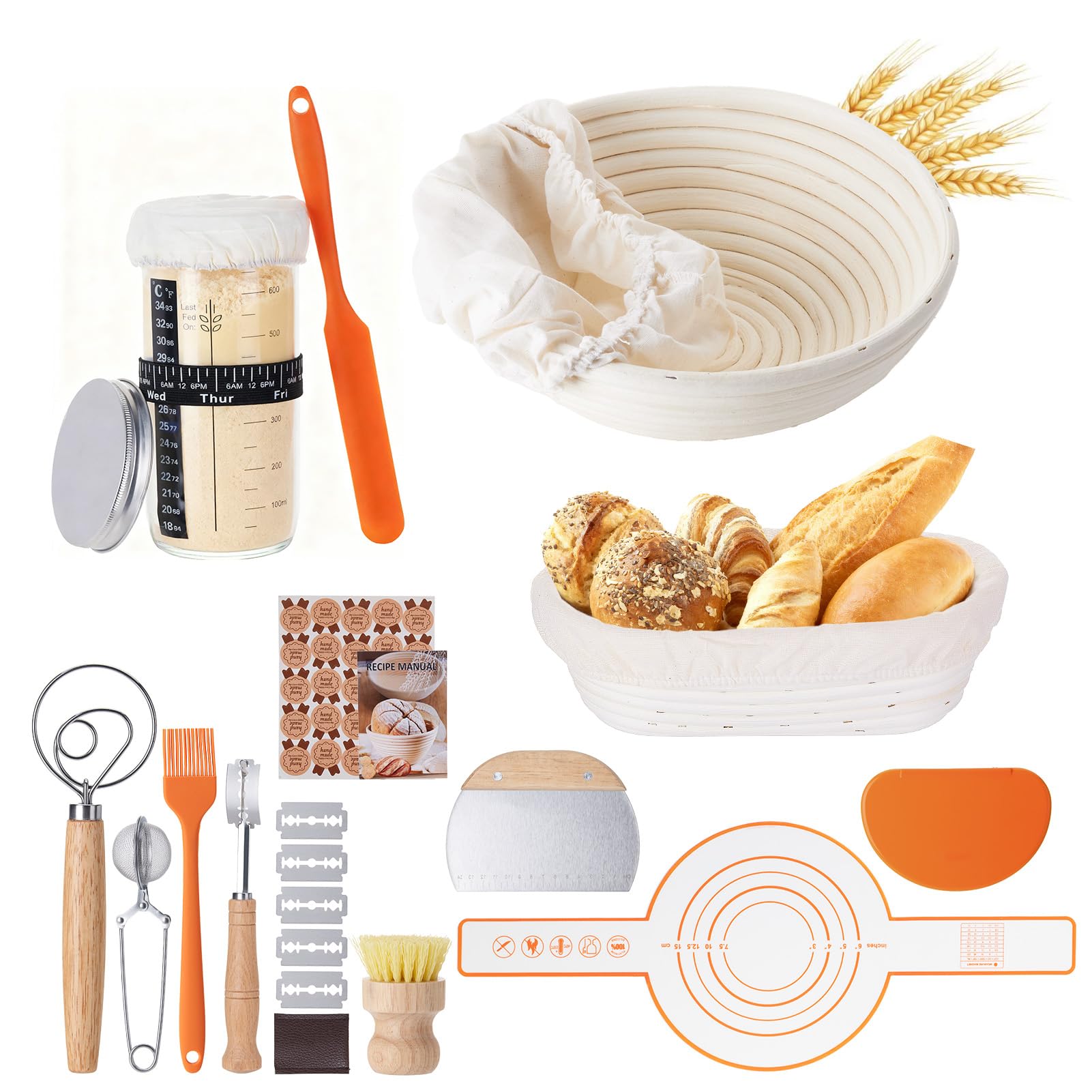 JOJOSEE Gärkörbchen, Brotgärkorb-Set Für Sauerteig Starter Set, Gärkorb natürlichem Rattan, Sauerteig-Gärkorb (inkl. Teigschaber, Rostmesser, Gärtuch & mehr) - Komplett Ausrüstung für Anfänger Profis