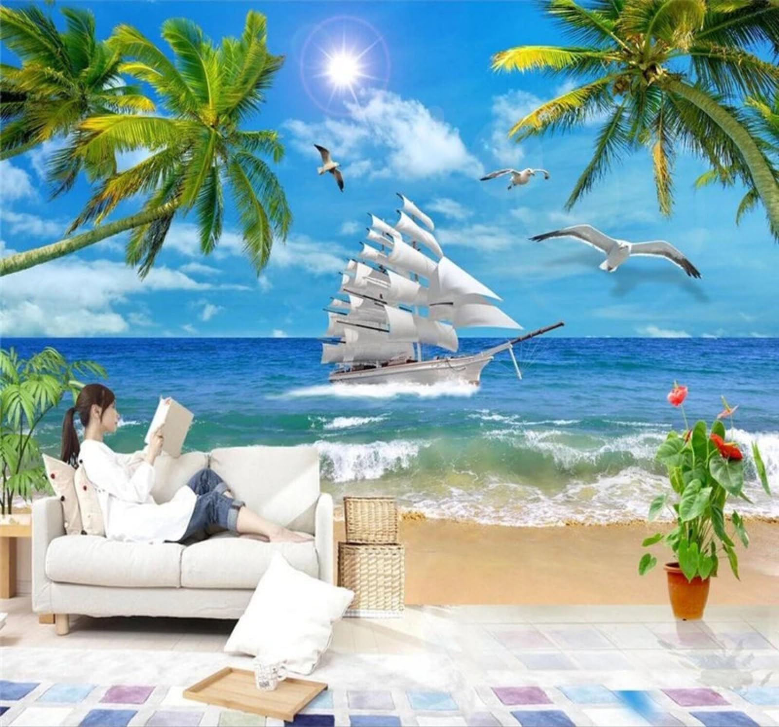 Xlming 400Cm×280Cm(B×H) Beautiful Sea Sailing Boat Coconut Tree Seascape 3D Wallpaper Luxury Silk Study Dining Feature Sofa Grey Bedroom Living Room Tv Decorative Wall-400Cm×280Cm
