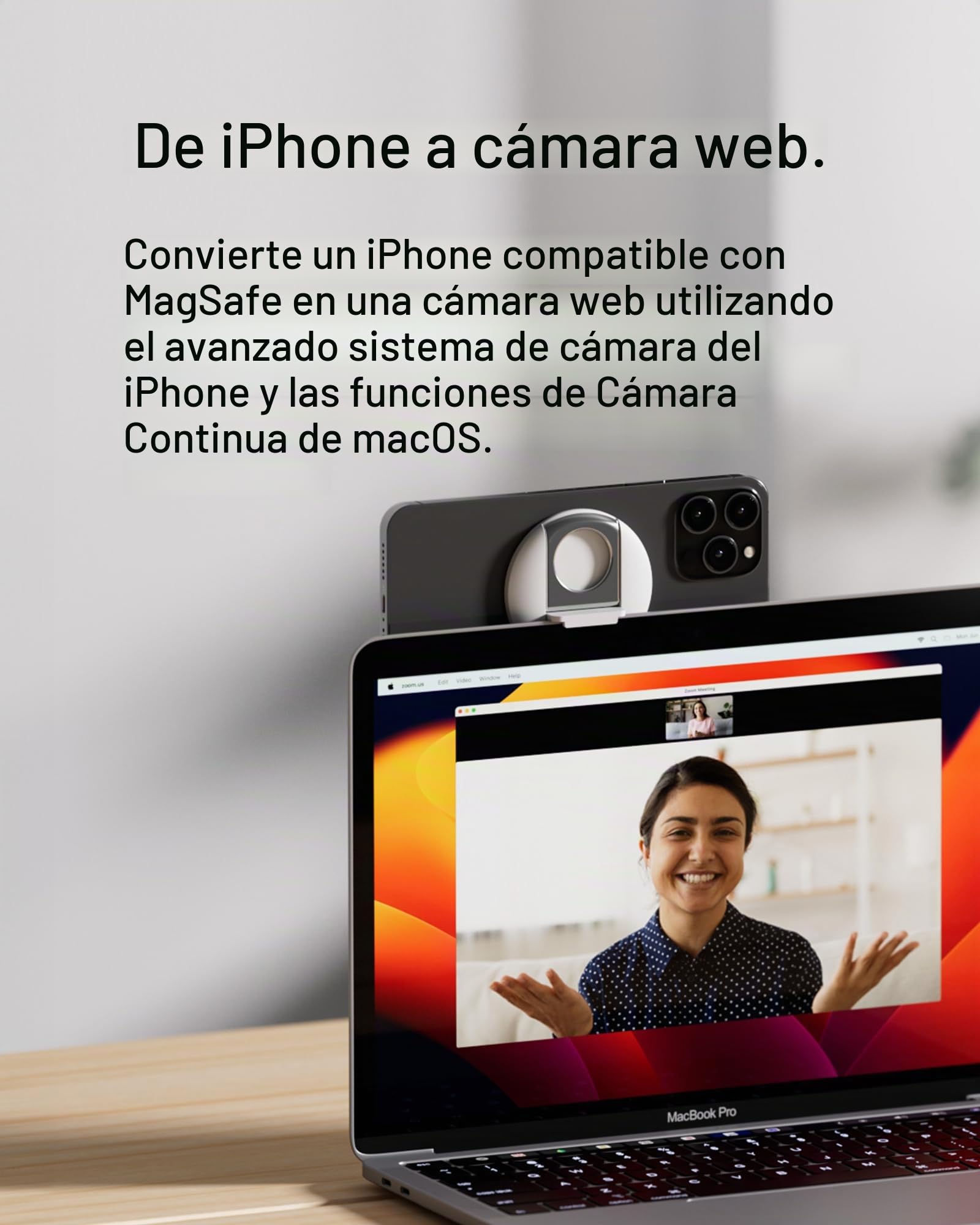 Belkin soporte de iPhone con MagSafe para portátiles Mac con sencillo y rápido acoplamiento magnético para usar la cámara de continuidad, compatible con iPhone 16, 15, 14, 13, 12, MacBook Pro, Air