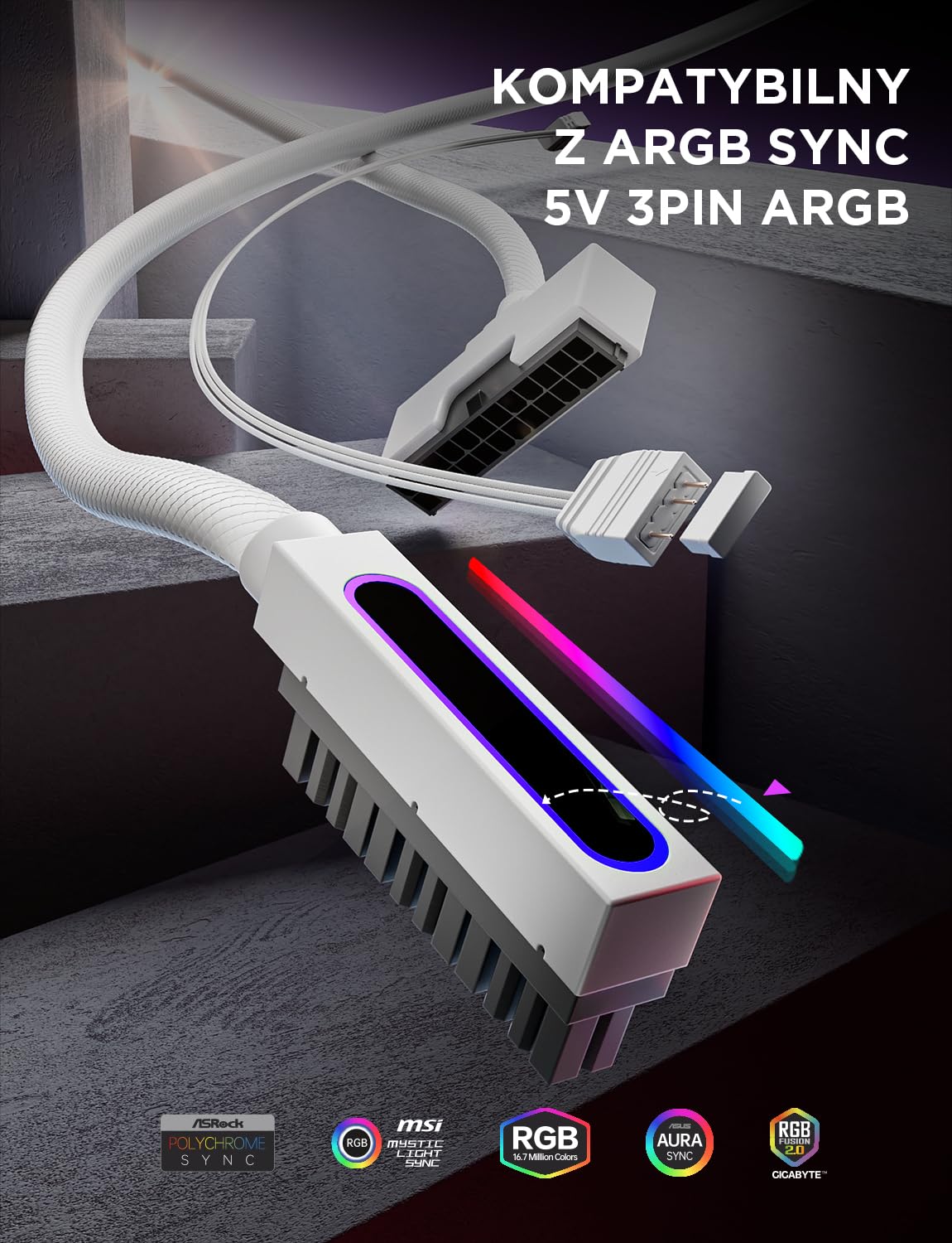 AsiaHorse Hydrus 24-pinowy przedłużacz kabla PSU R, PC 24-pinowy kabel Sleeved Cable do 24-pinowego ATX [18AWG], zasilacz Cable Extensions, 5 V 3 Pin ARGB SYNC HYDRUS-24PIN-WHITE-L-30CM