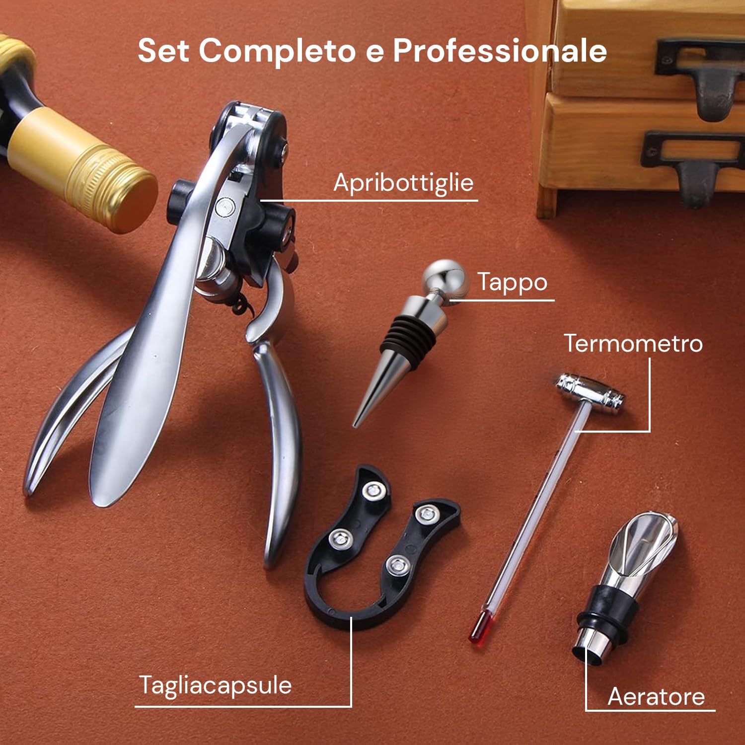 Avilia Set Apribottiglie Vino con Valigetta Sommelier 6 Pezzi, Cavatappi Professionale, Accessori Vino per Stappare e Servire, Idea Regalo per Sommelier e Uomo, Elegante e Funzionale