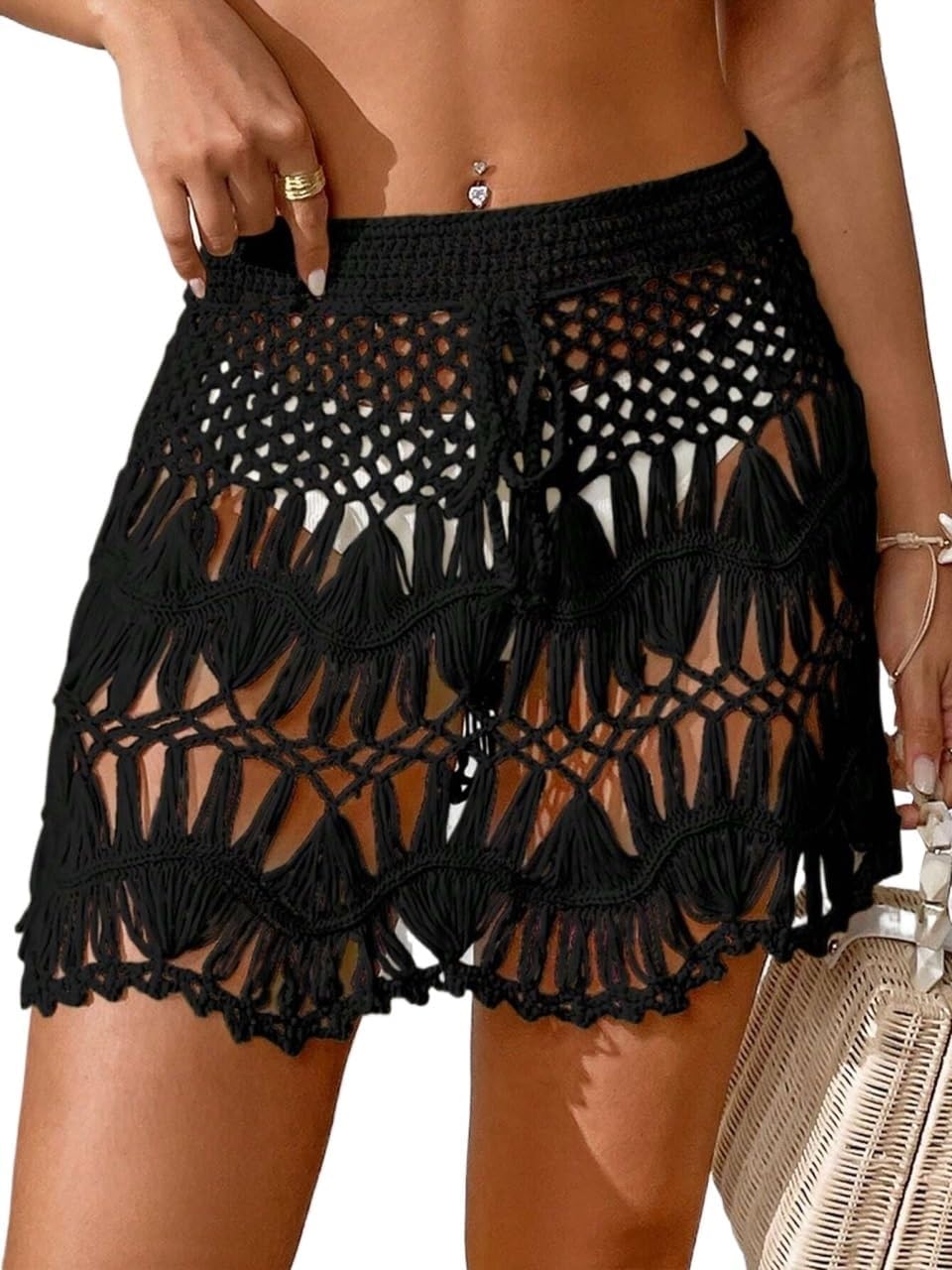 swimsuit coverup for women Summer Beach Hollow Out Tie Front Cover Up Skirt