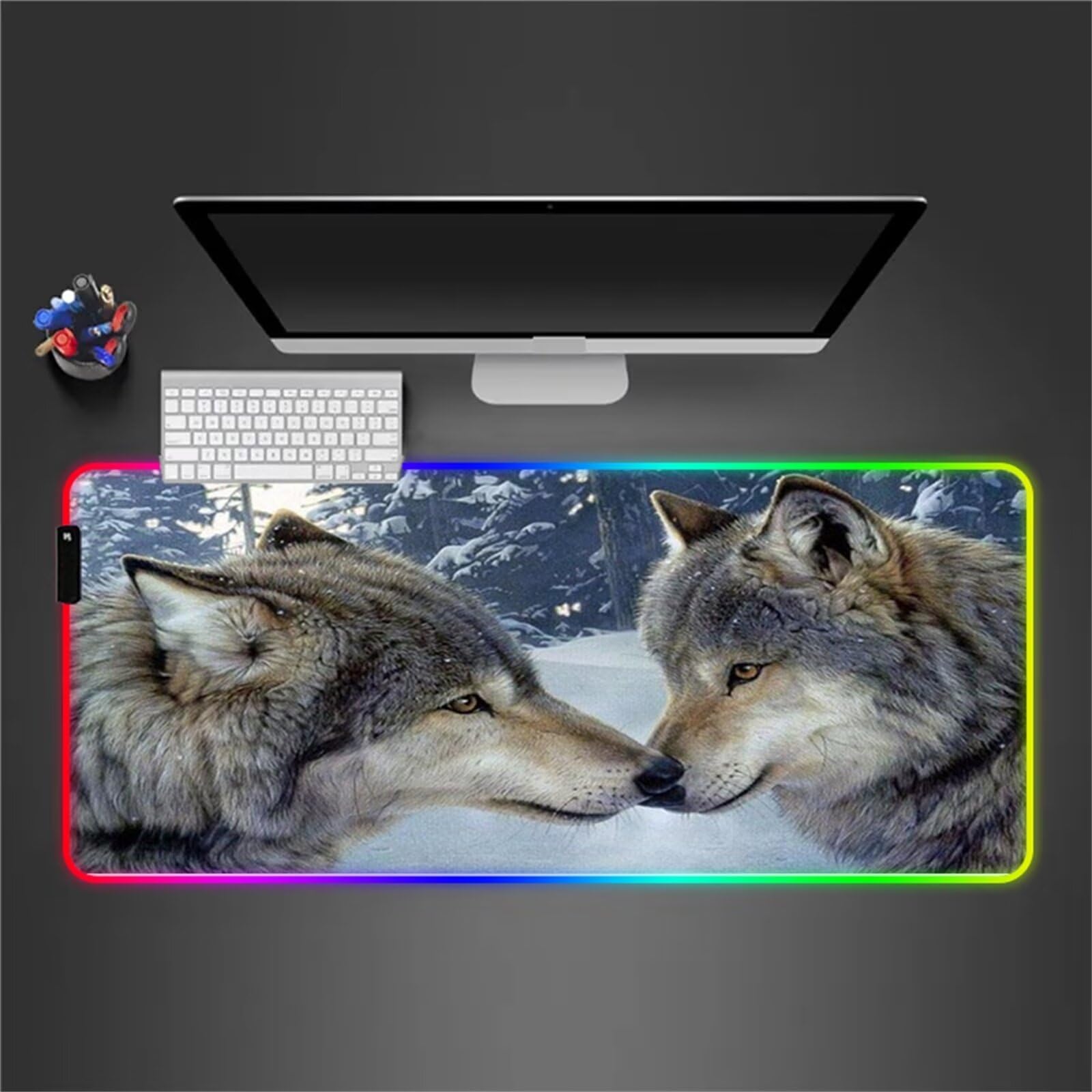 Tappetino per Mouse RGB Lupo Animale Grande Tappetino per Mouse da Gioco LED con 14 Modalità di Illuminazione Tappetino Antiscivolo per Laptop Ufficio e Scrivania 900x400x4mm