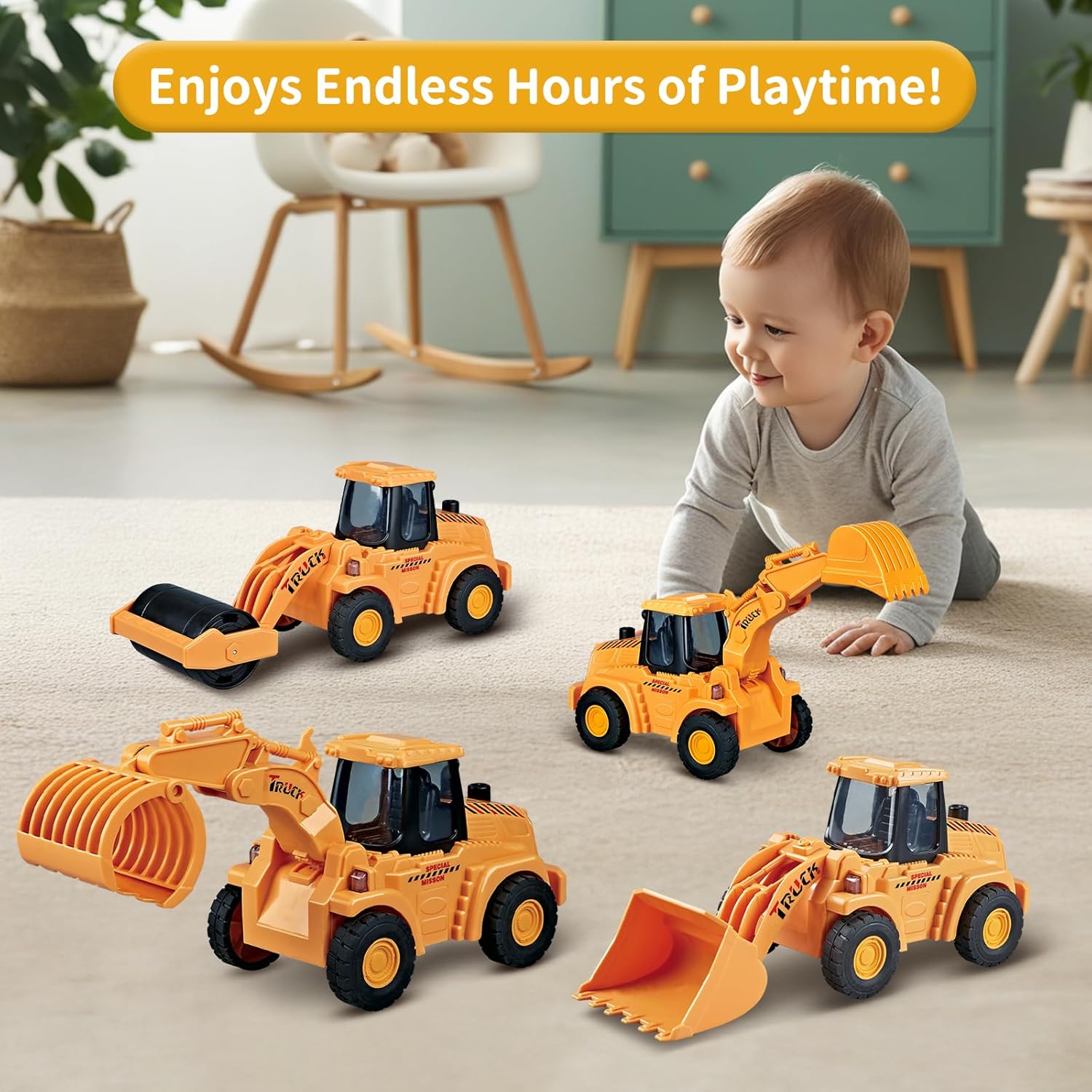 Veslier 4 Pack Construction Toys for 3 4 5 6 + Years Old Boys Kids Toddlers, Friction Powered Truck Toys for Toddlers 3 4 5 6 Years,Push and Go Car Toy,Kids Birthday Gifts for 3-6 Years Old Boys