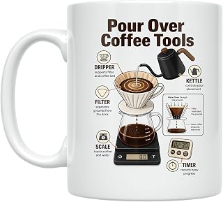 Pour Over Coffee Tools Mug - Coffee Hobbyists Design - 11 oz Ceramic | 11 oz white ceramic mug with double-sided print for coffee enthusiasts, home baristas, and classroom use.