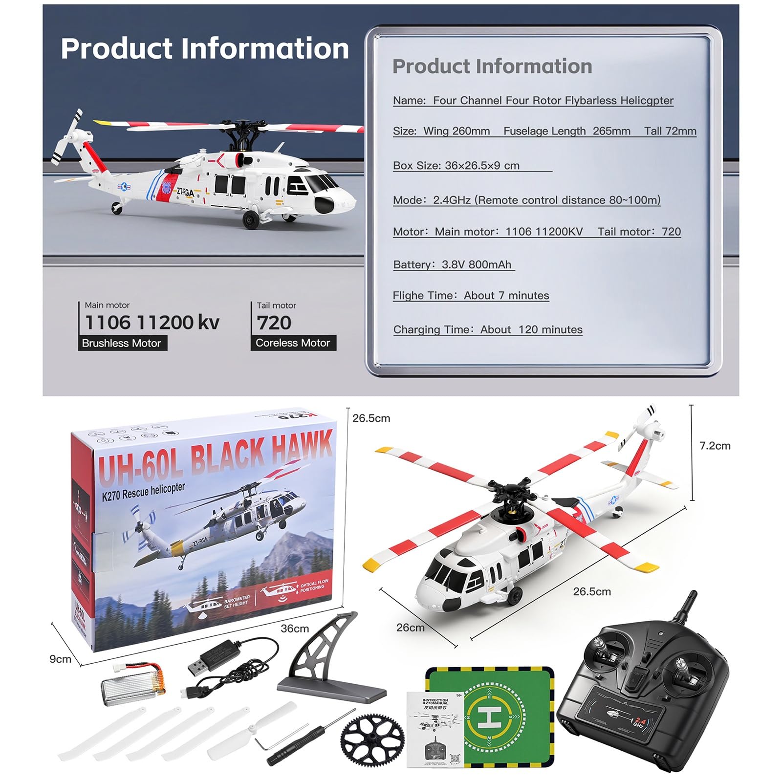 Elicottero radiocomandato K270 UH-60L elicottero brushless flybarless a 4 canali con 4 pale senza alettoni mantenimento dell'altitudine posizionamento ottico del flusso(3 Batteries)